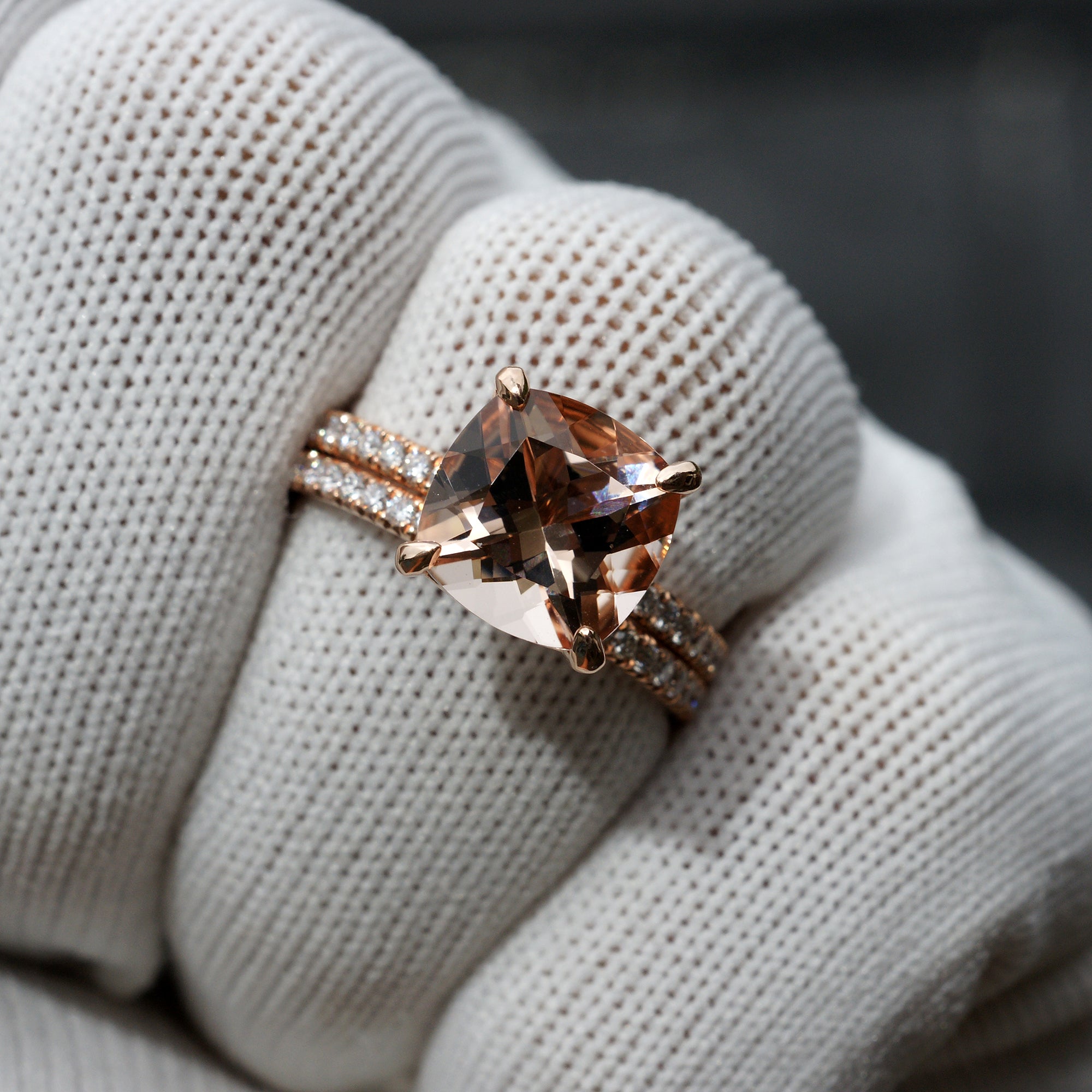 The Ava Cushion Morganite Ring 10x10mm 14k Rose Gold (2mm band) Wedding Set