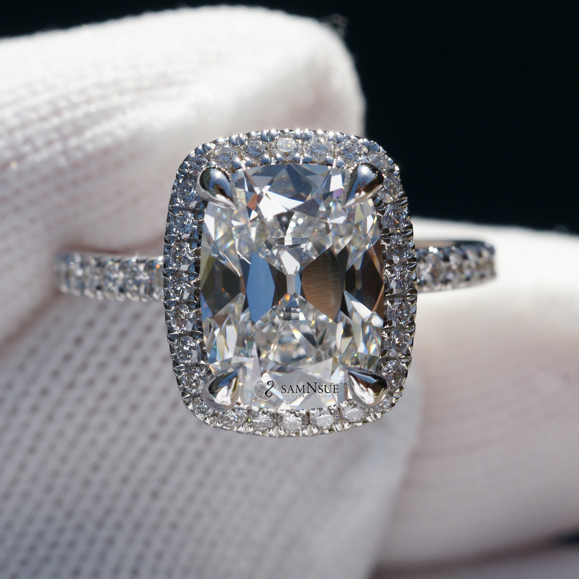 Cushion old mine cut diamond halo ring white gold