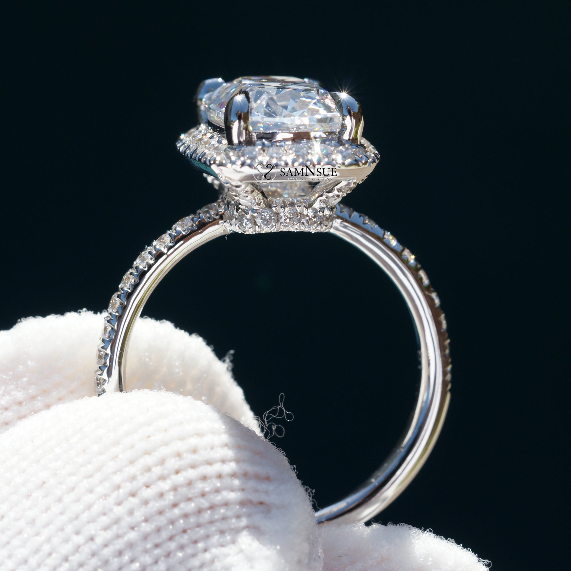 Cushion old mine cut diamond halo ring white gold