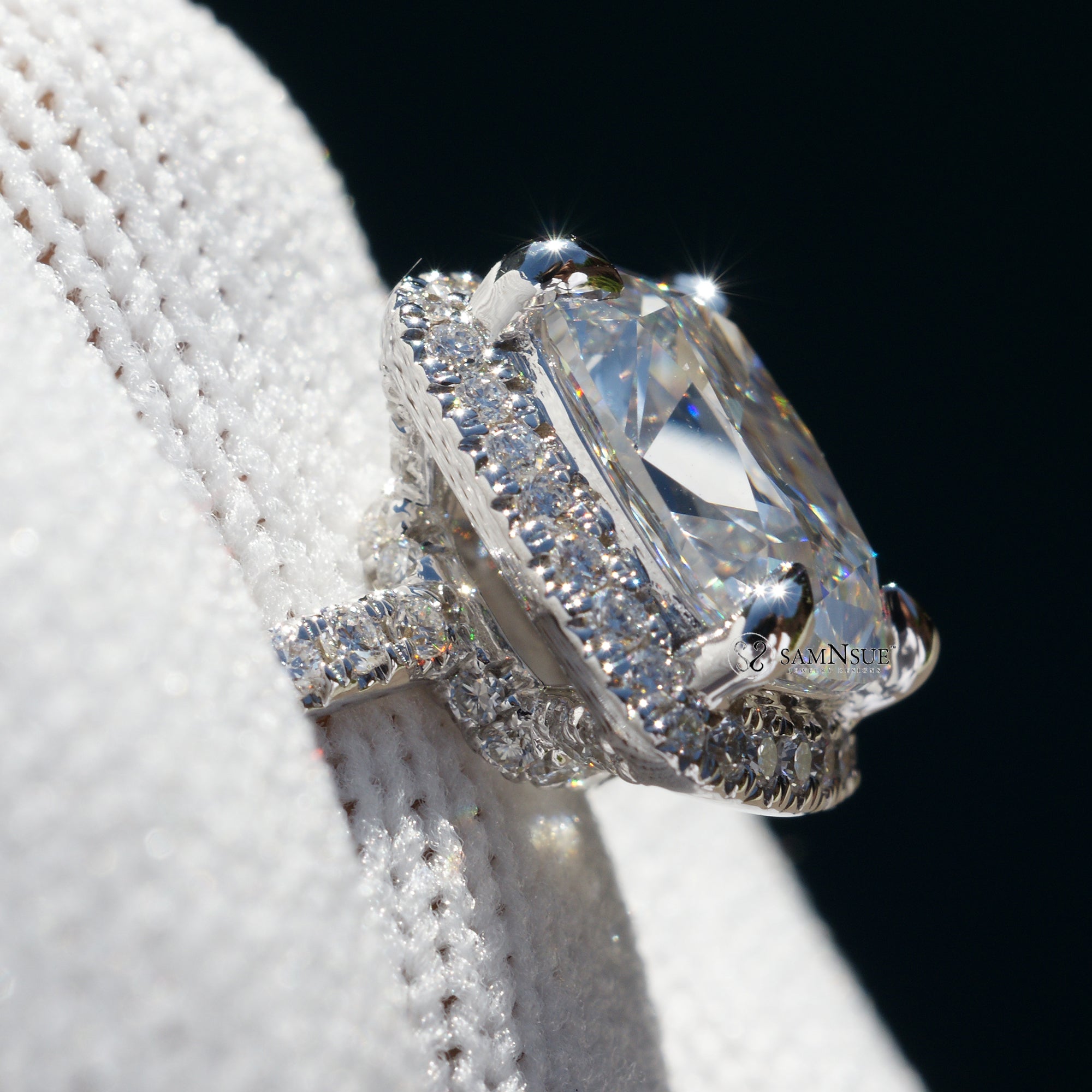 Cushion old mine cut diamond halo ring white gold