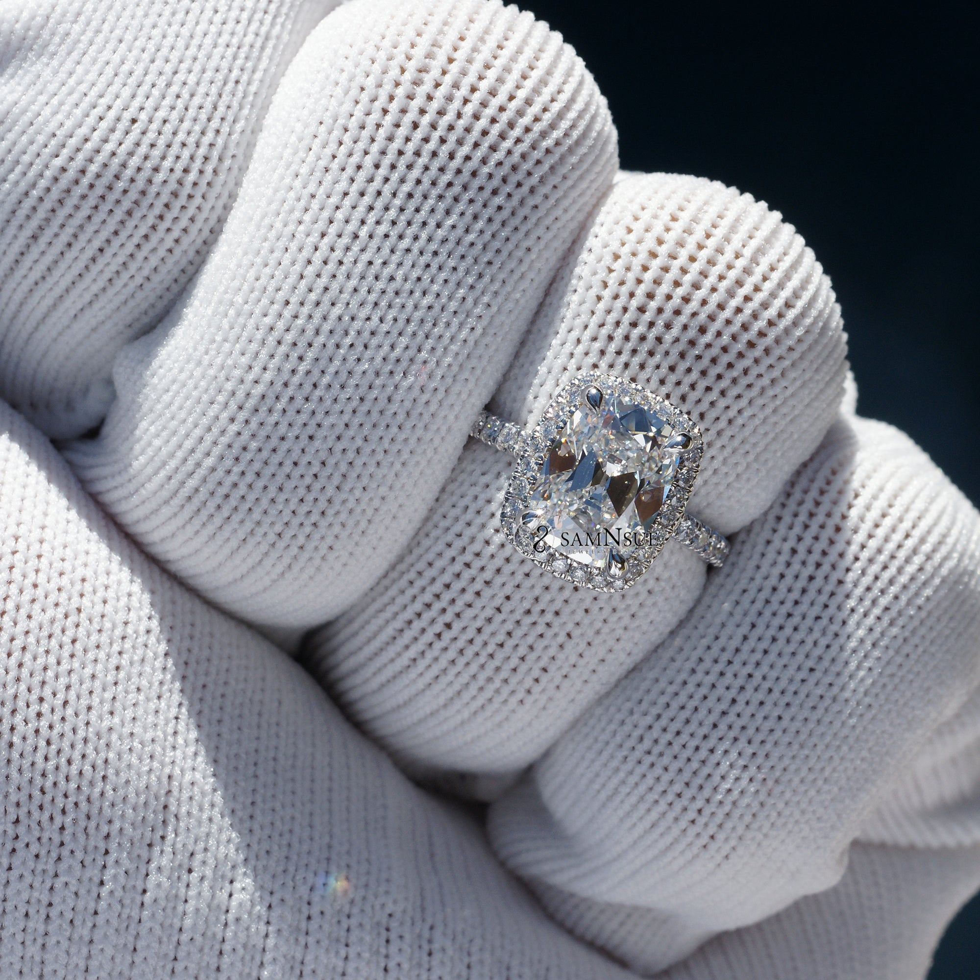 Cushion old mine cut diamond halo ring white gold