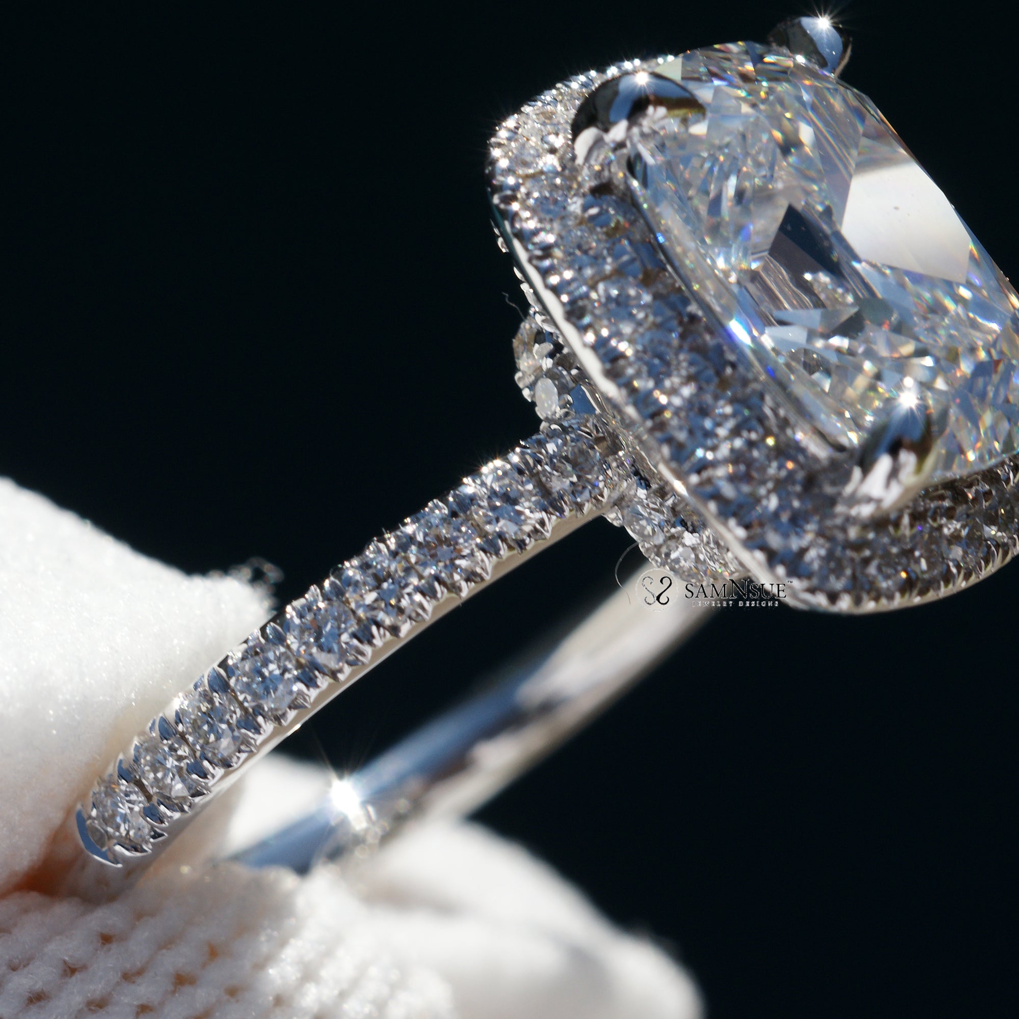 Cushion old mine cut diamond halo ring white gold