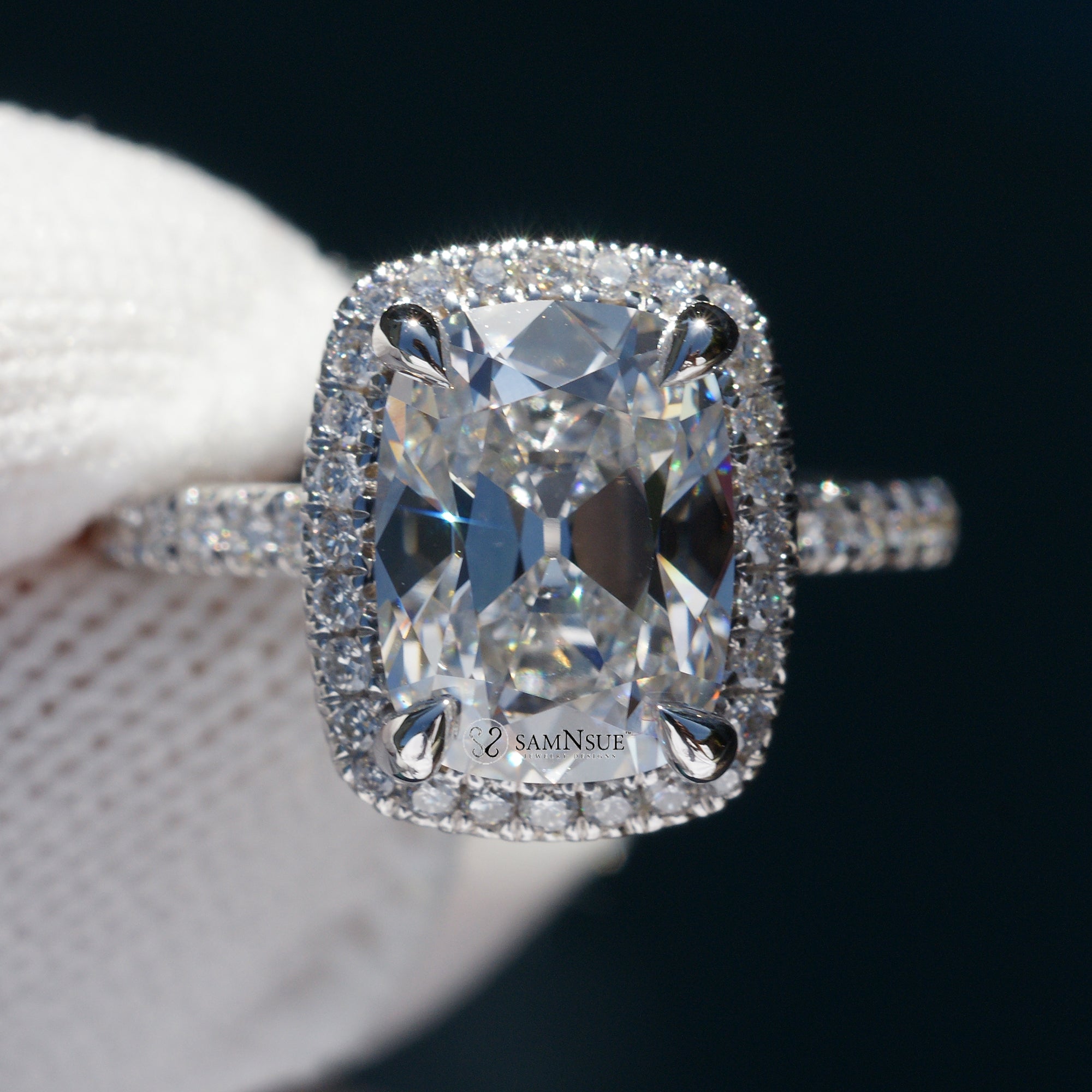 Cushion old mine cut diamond halo ring white gold