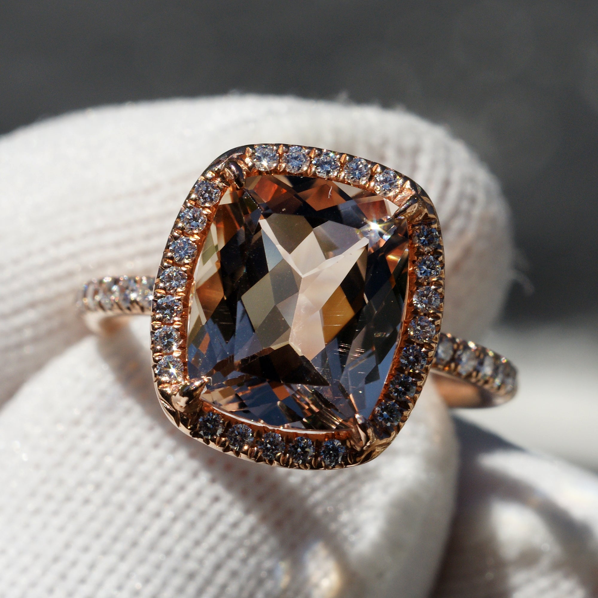 Cushion Morganite Ring 14k Rose Gold 11x9mm - The Drenched