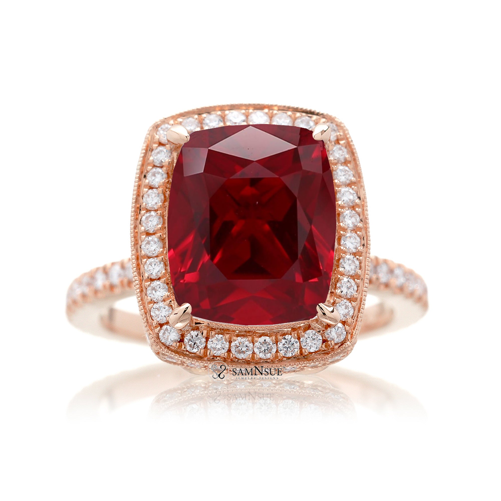 Cushion ruby engagement ring with diamond halo and band vintage style ring rose gold