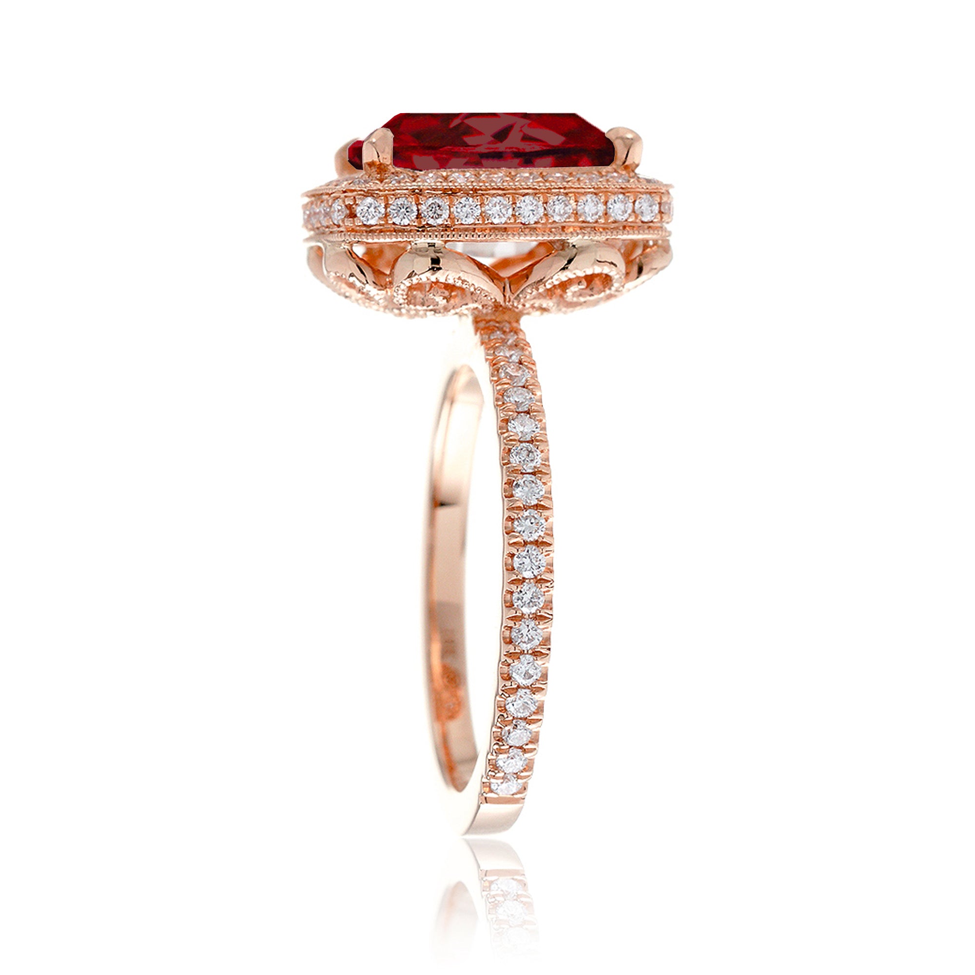 Cushion ruby engagement ring with diamond halo and band vintage style ring rose gold
