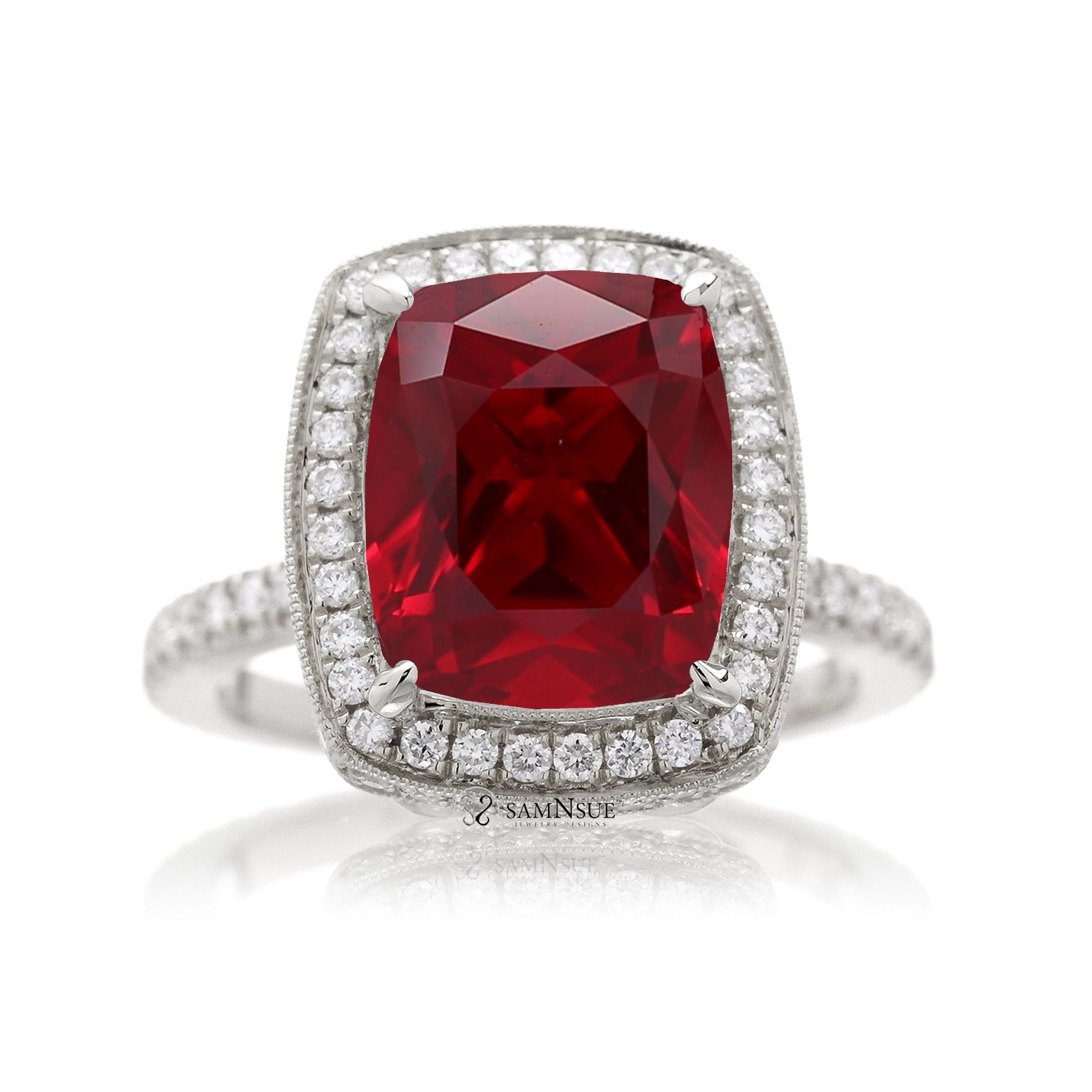 Cushion ruby engagement ring with diamond halo and band vintage style ring white gold