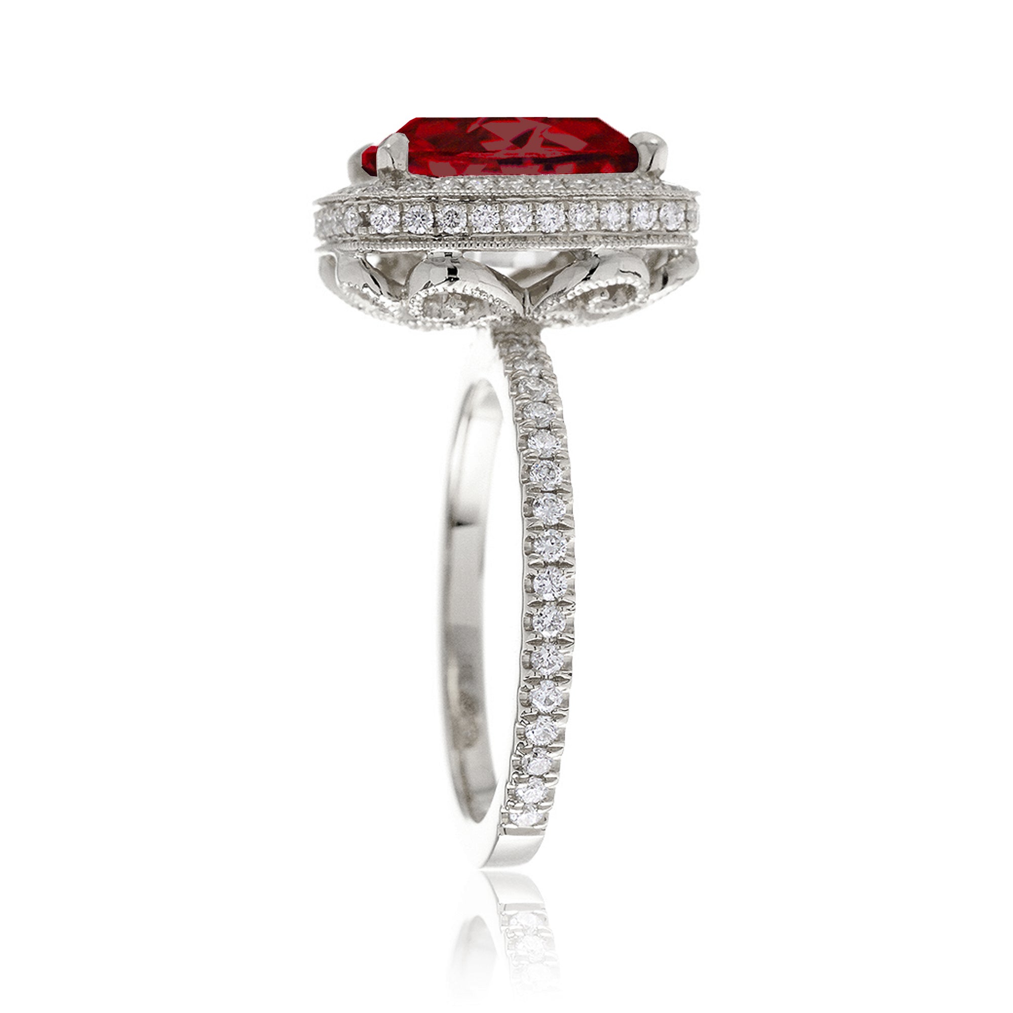 Cushion ruby engagement ring with diamond halo and band vintage style ring white gold