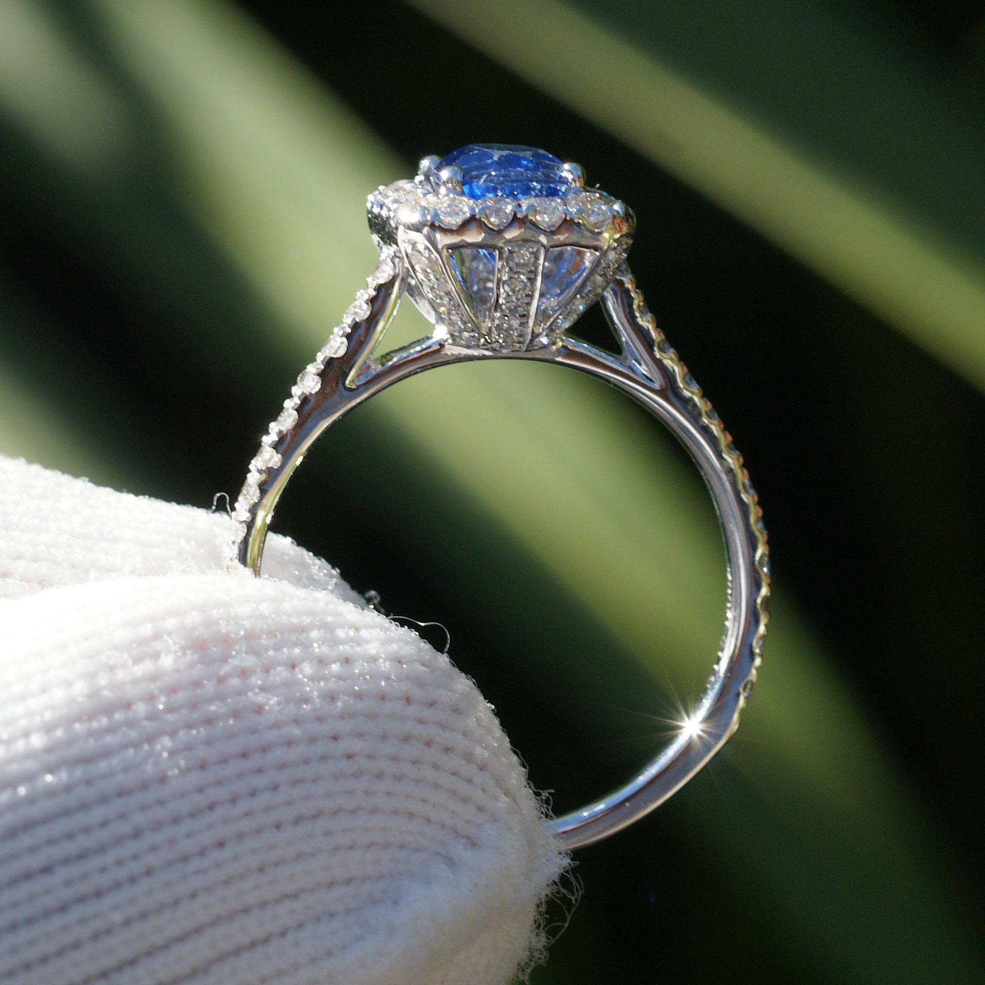 Cushion Ceylon Sapphire diamond halo engagement ring white gold - The Gwen