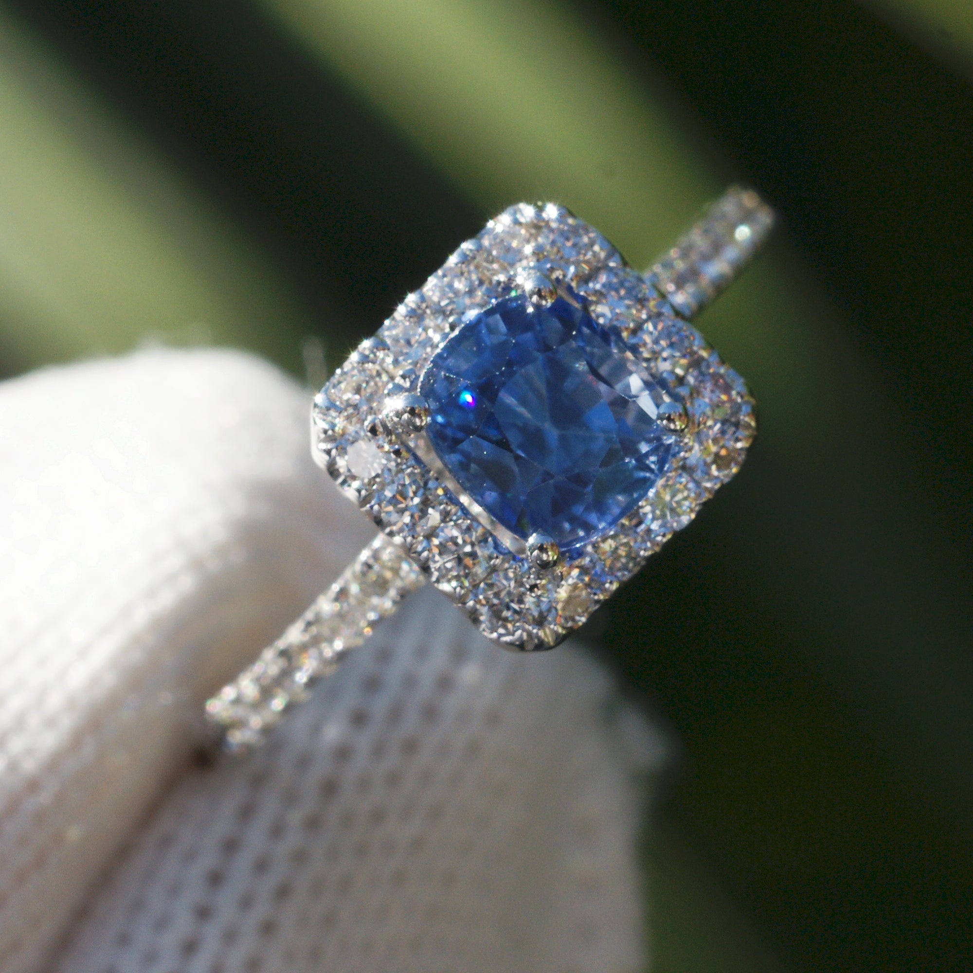 Cushion Ceylon Sapphire diamond halo engagement ring white gold - The Gwen