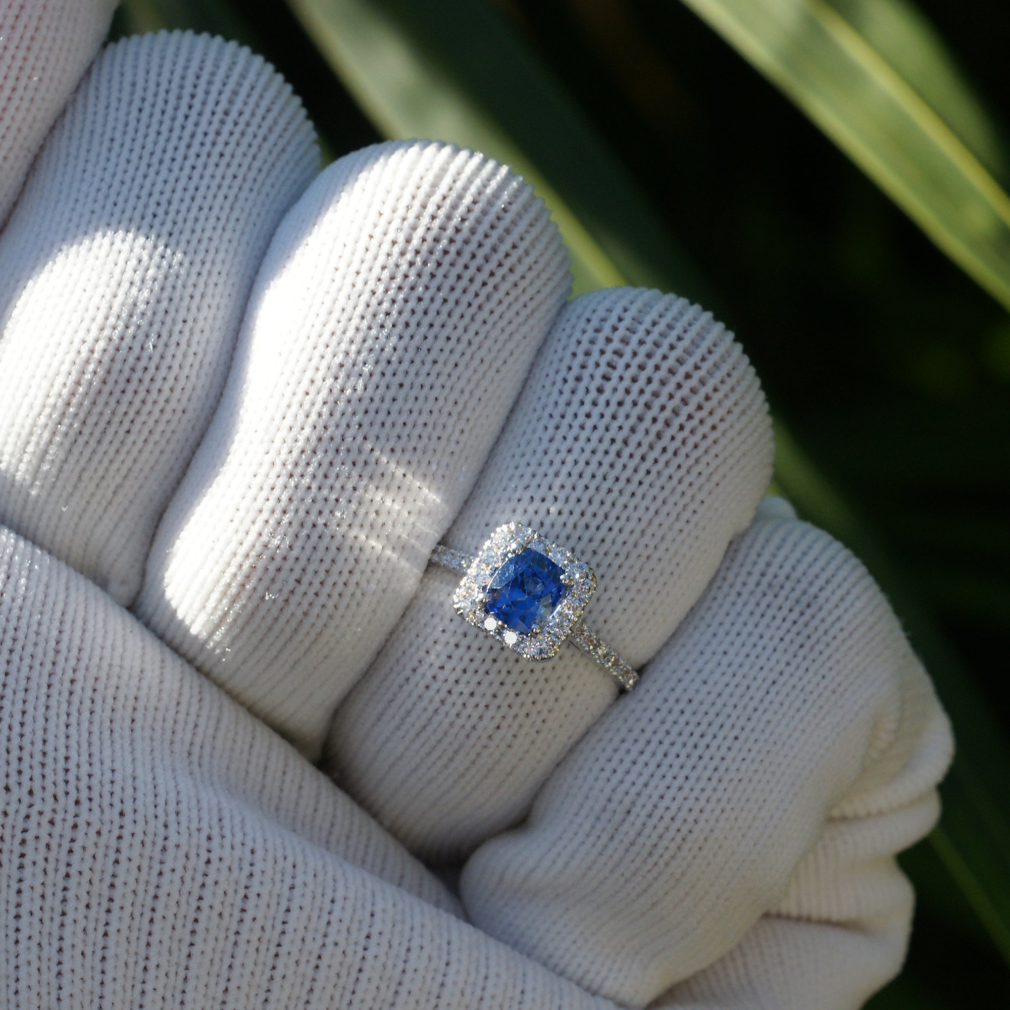 Cushion Ceylon Sapphire diamond halo engagement ring white gold - The Gwen