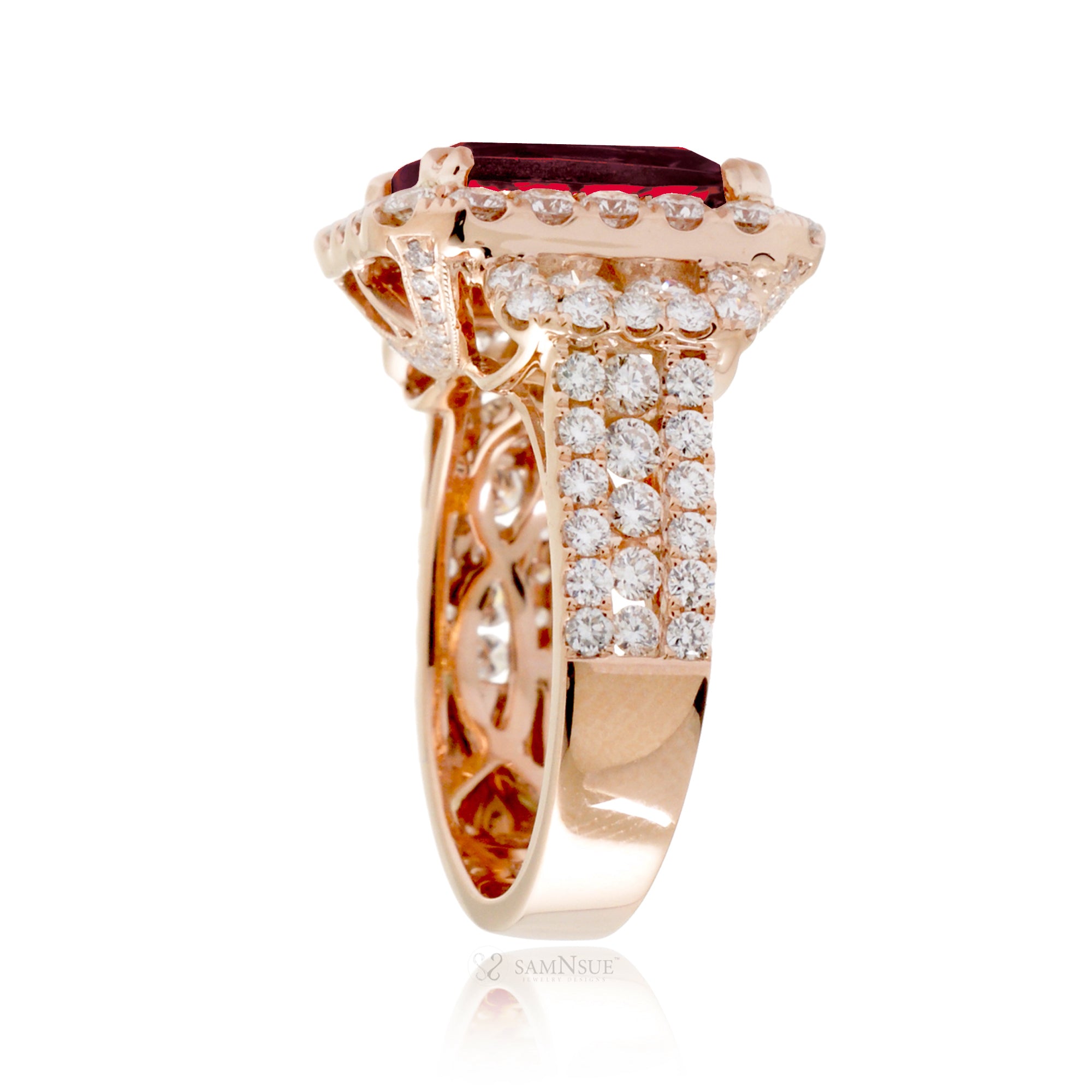 Triple Row Ruby and Diamond Statement Ring in Rose Gold