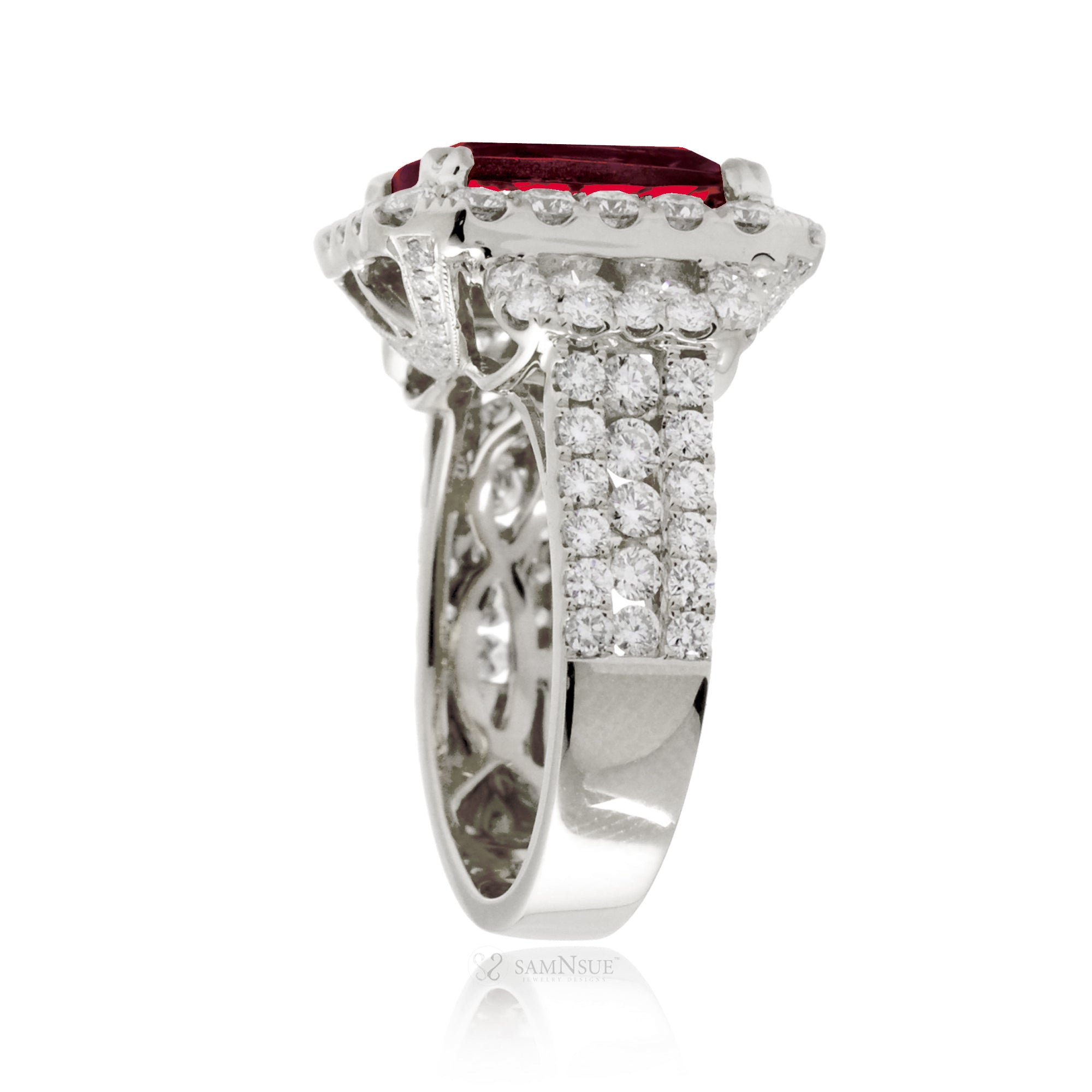 Bold Ruby Engagement Ring with Diamond Halo in White Gold