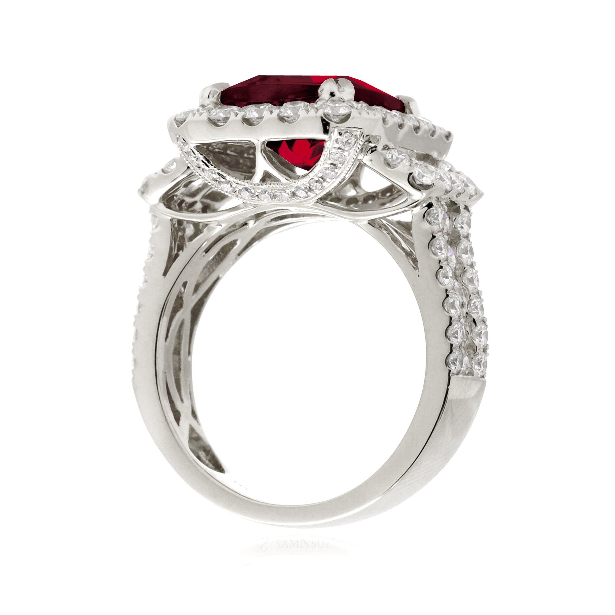 Bold Ruby Engagement Ring with Diamond Halo in White Gold
