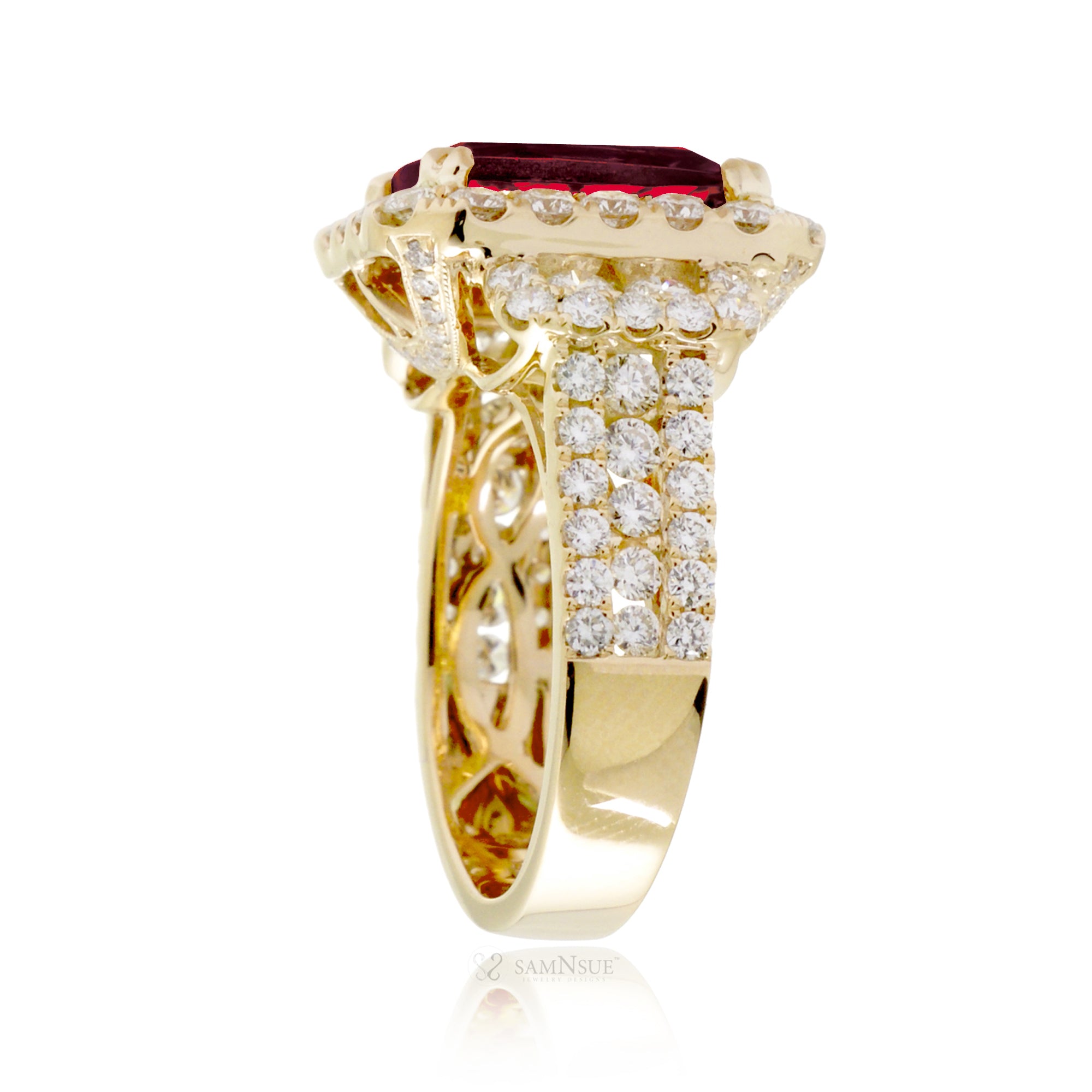 Emerald Cut Ruby Cocktail Ring with Double Halo in Yellow Gold