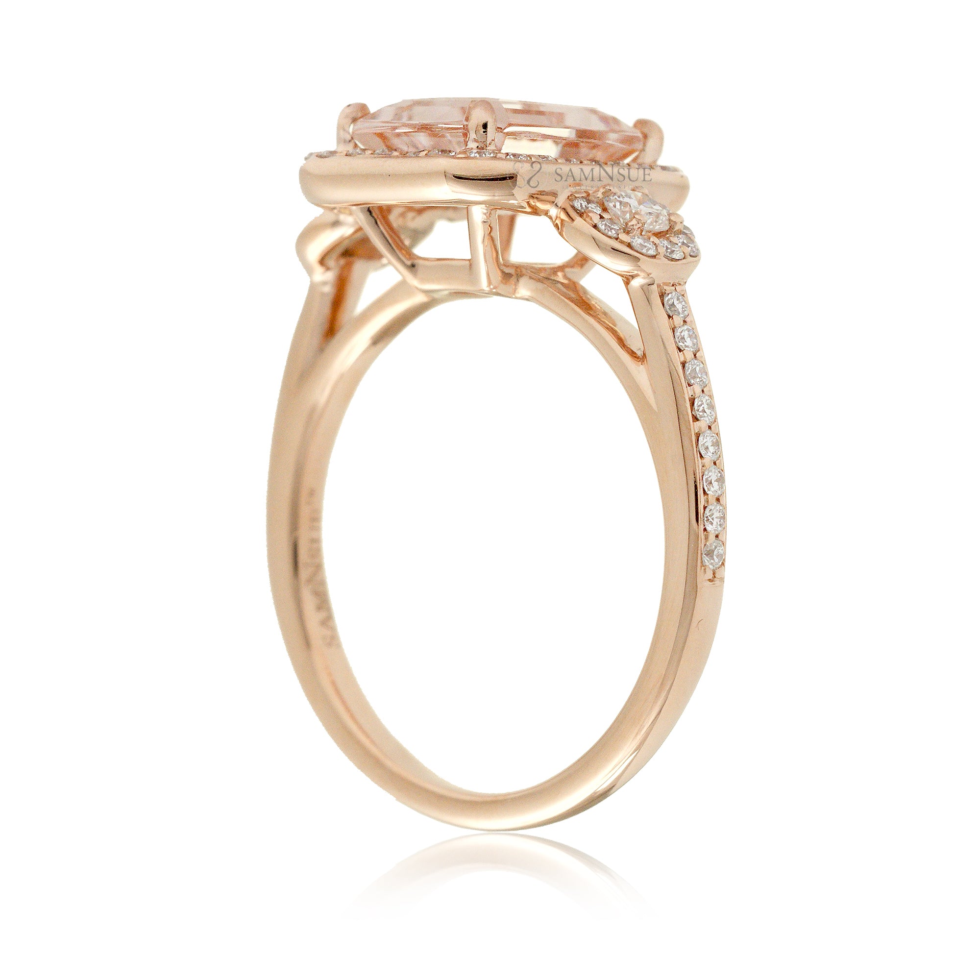 Romantic Emerald Cut Morganite Engagement Ring with Diamond Accents Rose Gold