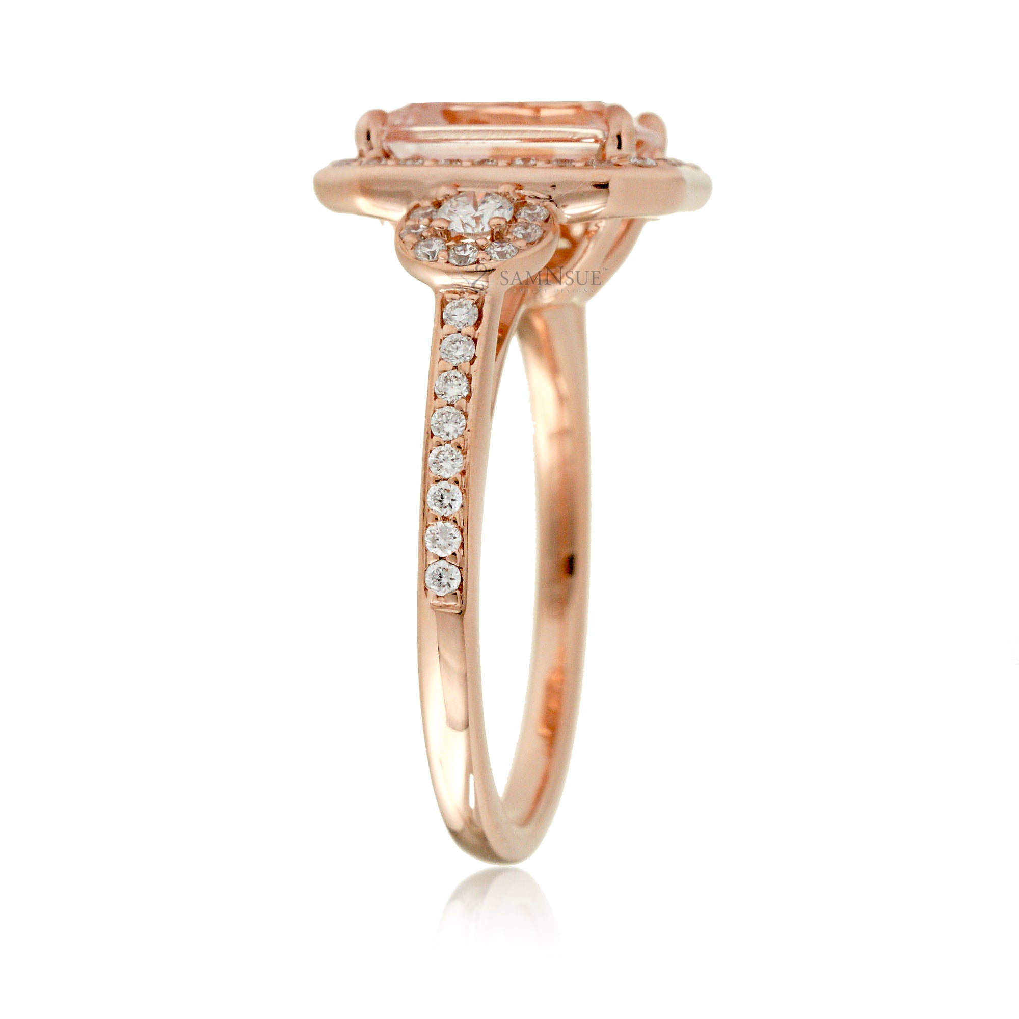 Romantic Emerald Cut Morganite Engagement Ring with Diamond Accents Rose Gold