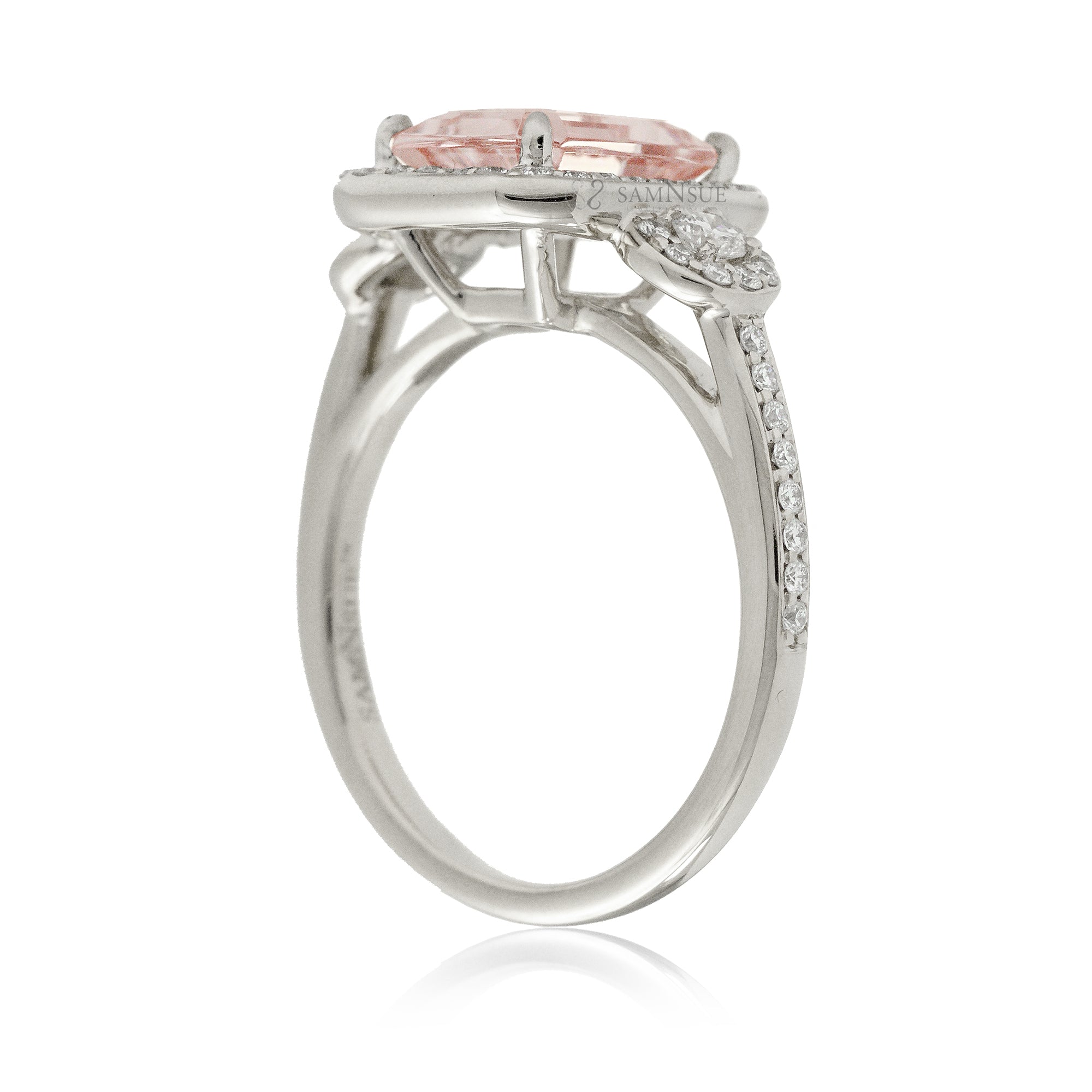 Romantic Emerald Cut Morganite Engagement Ring with Diamond Accents White Gold