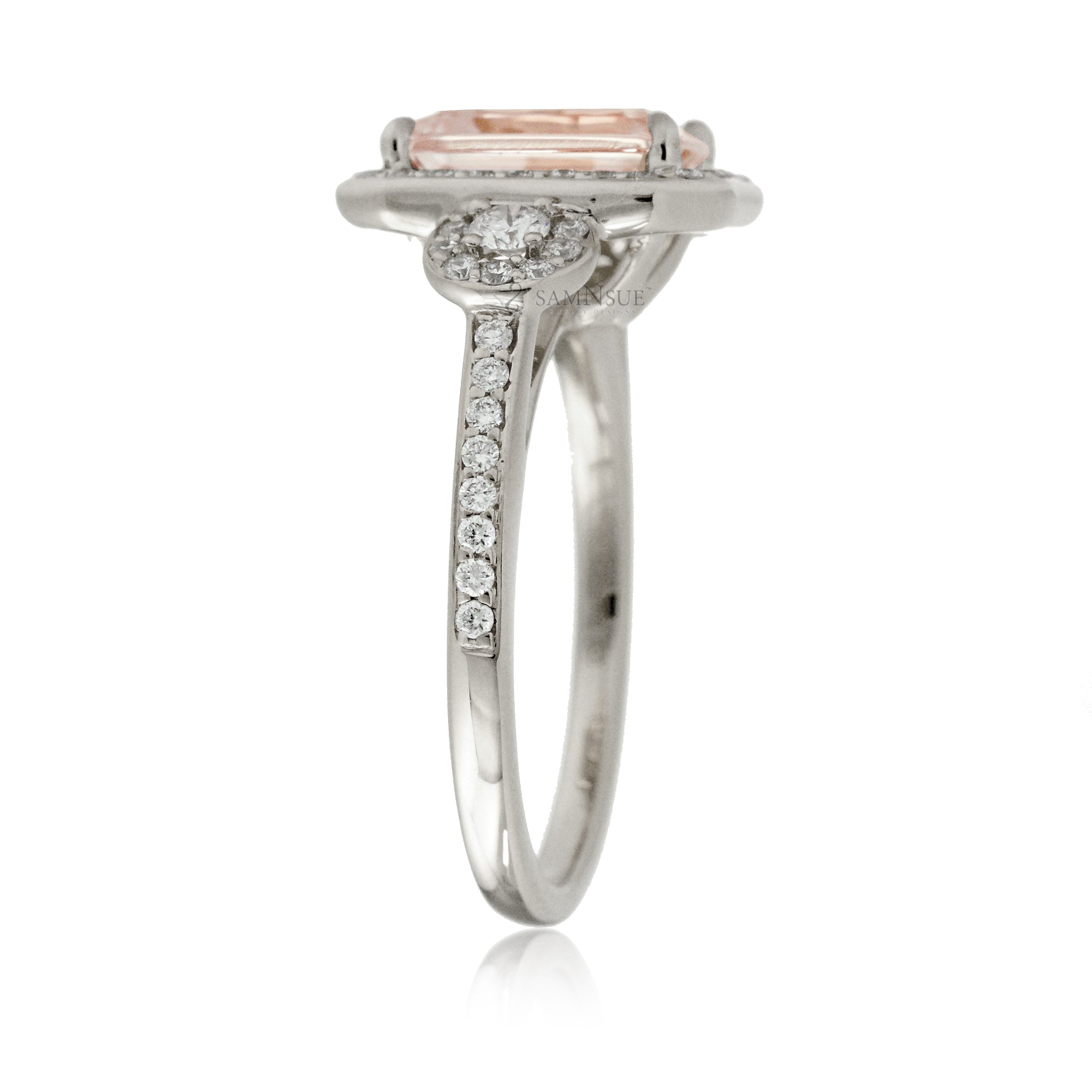 Romantic Emerald Cut Morganite Engagement Ring with Diamond Accents White Gold