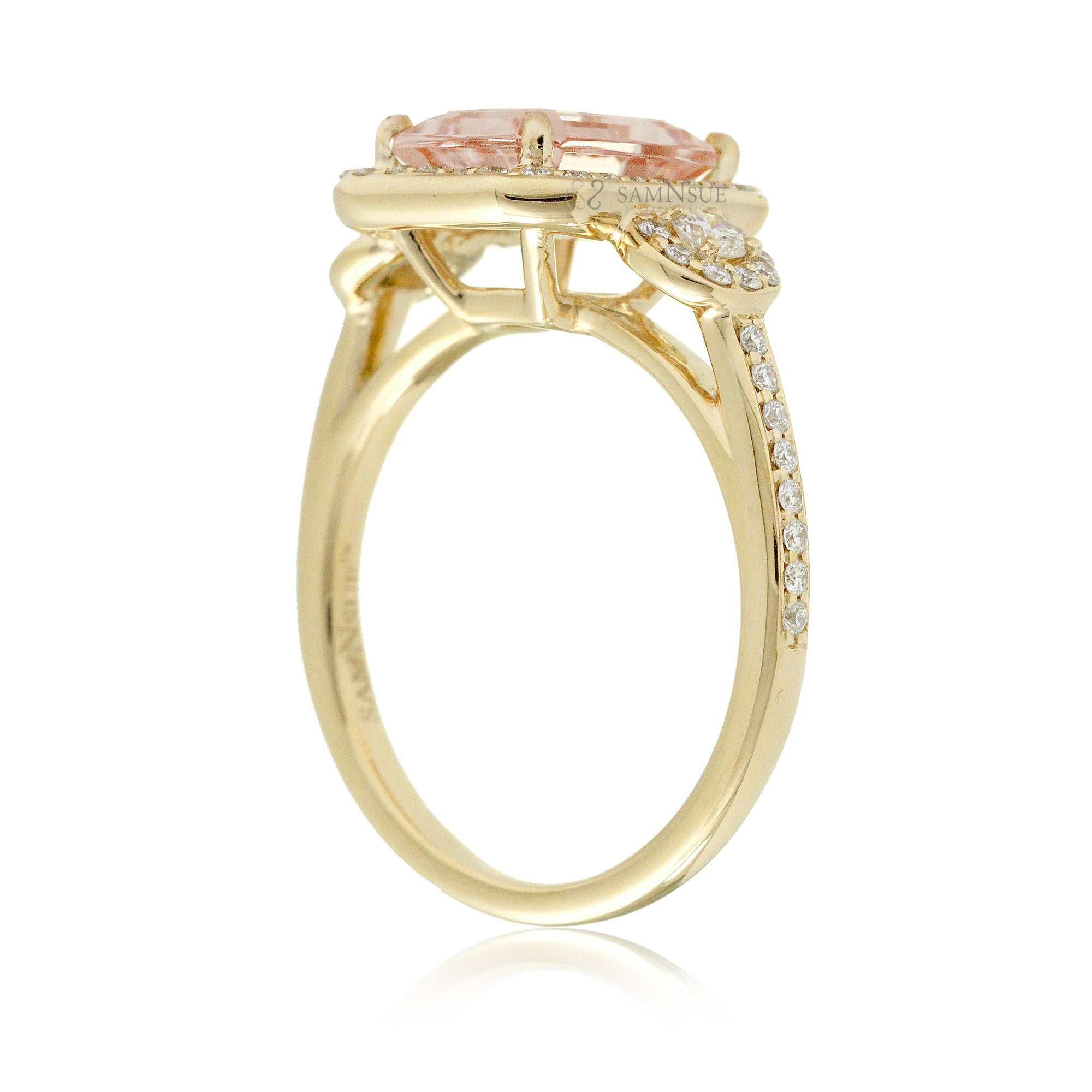Romantic Emerald Cut Morganite Engagement Ring with Diamond Accents Yellow Gold