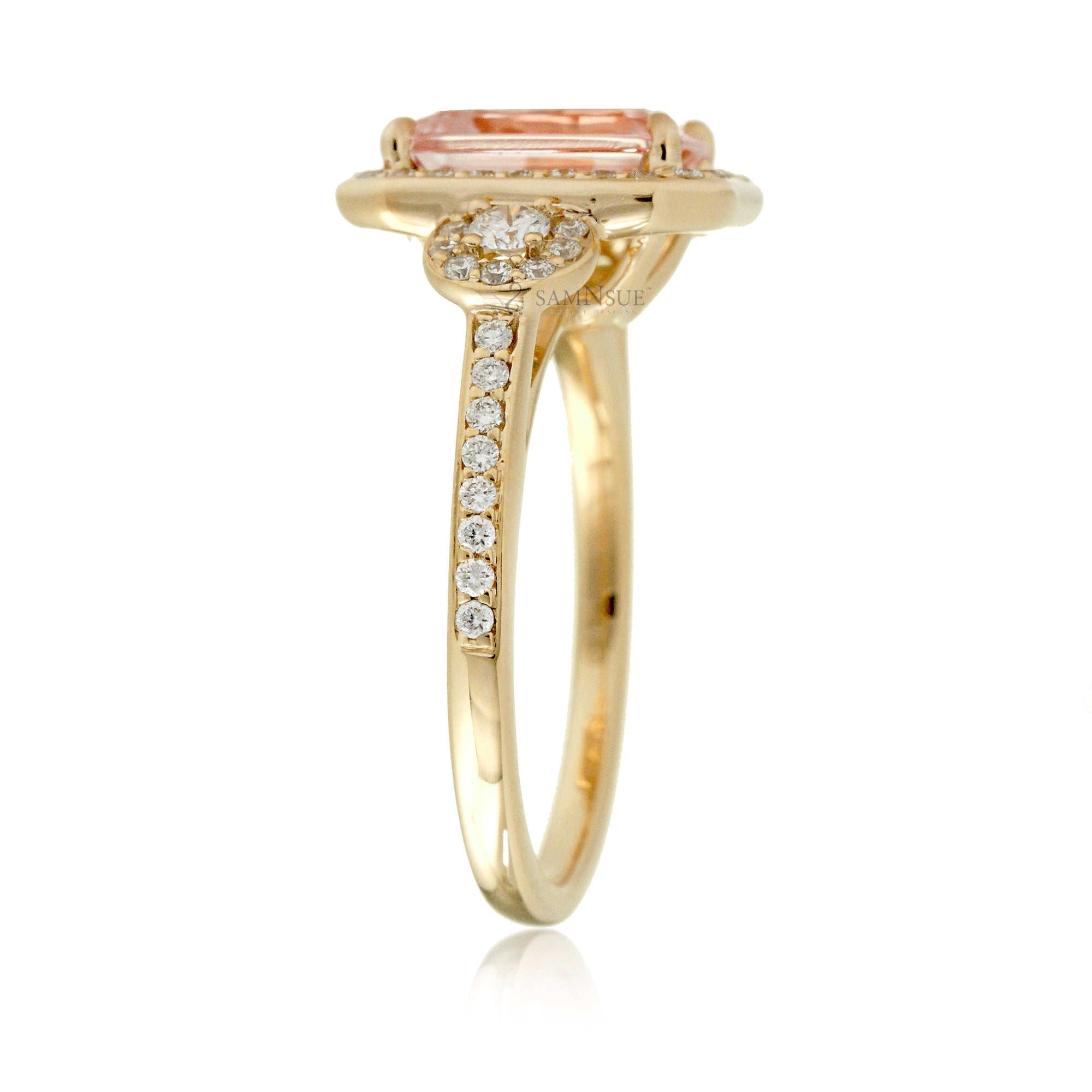 Romantic Emerald Cut Morganite Engagement Ring with Diamond Accents Yellow Gold
