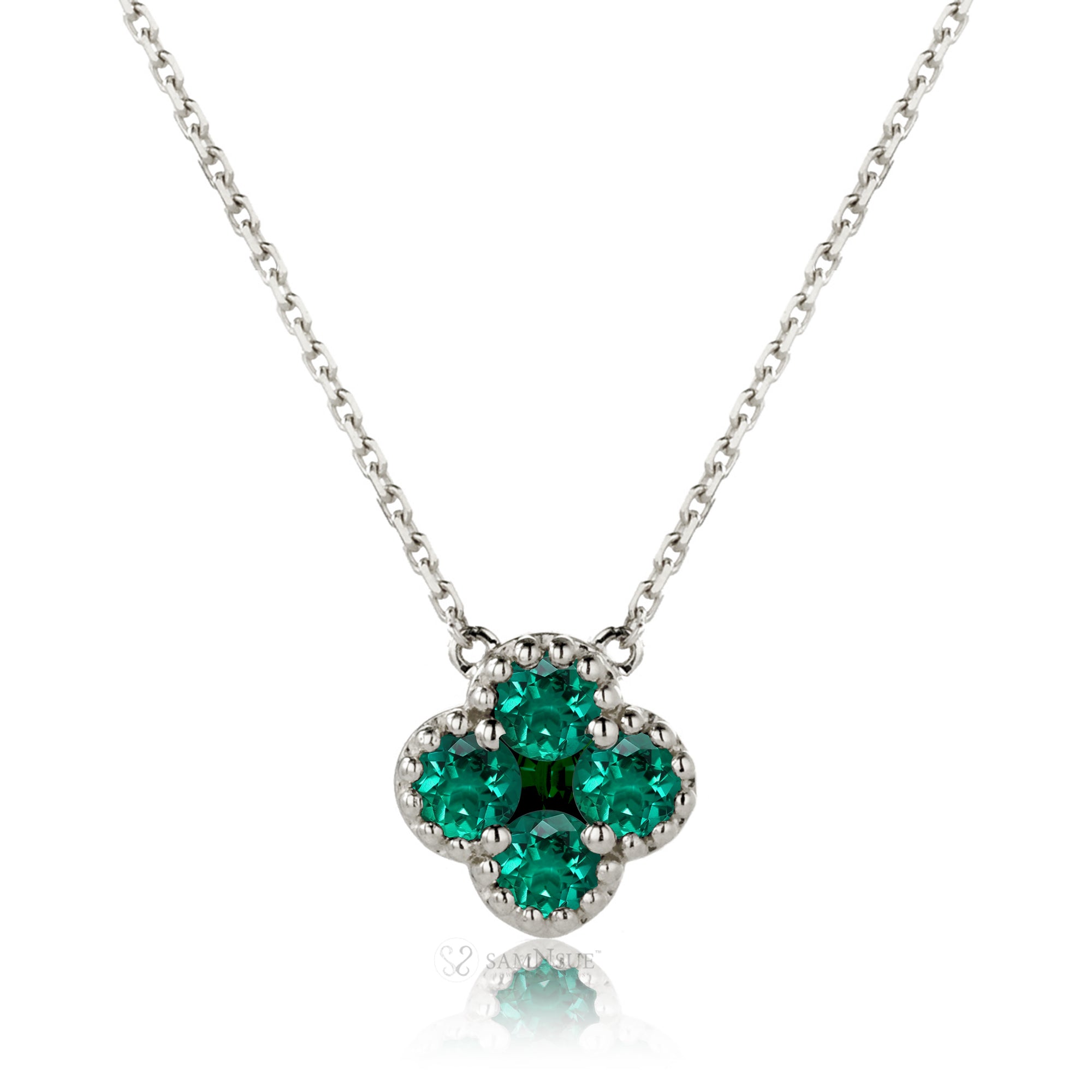 Clover emerald necklace bezel set white gold