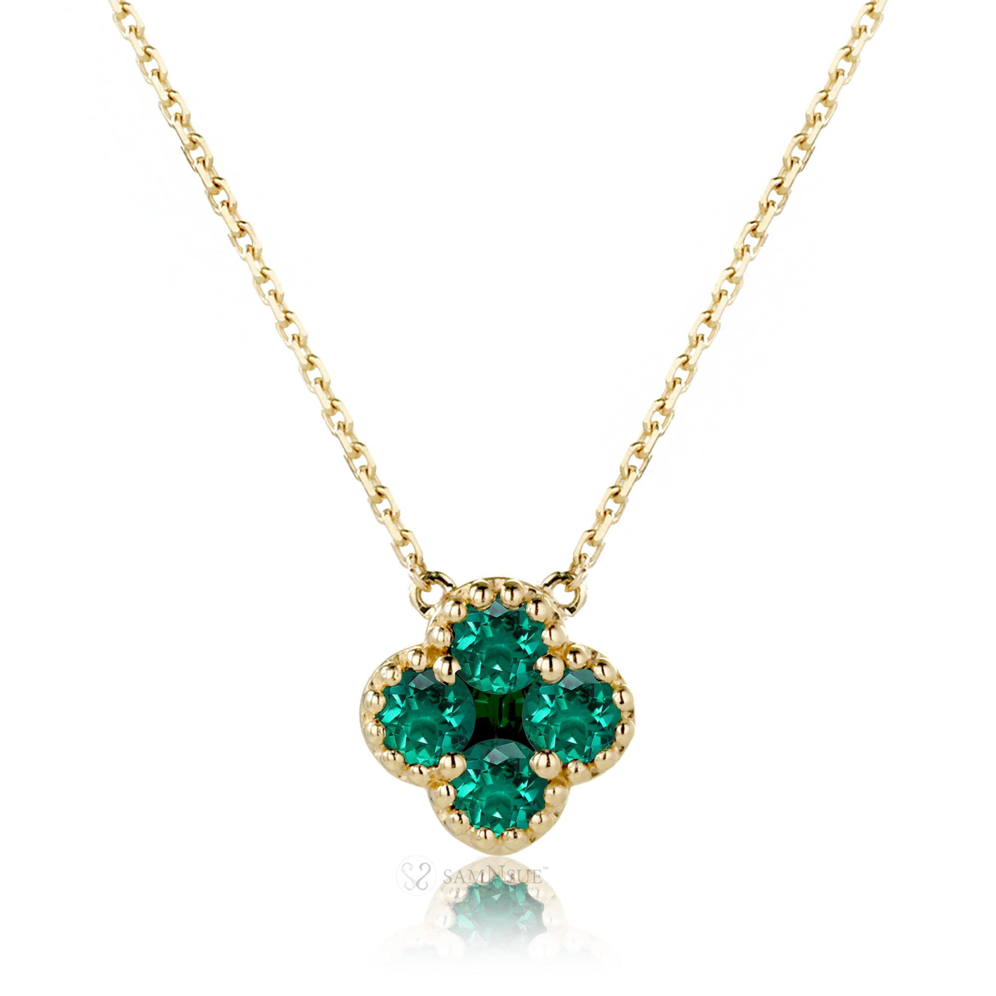 Clover emerald necklace bezel set yellow gold