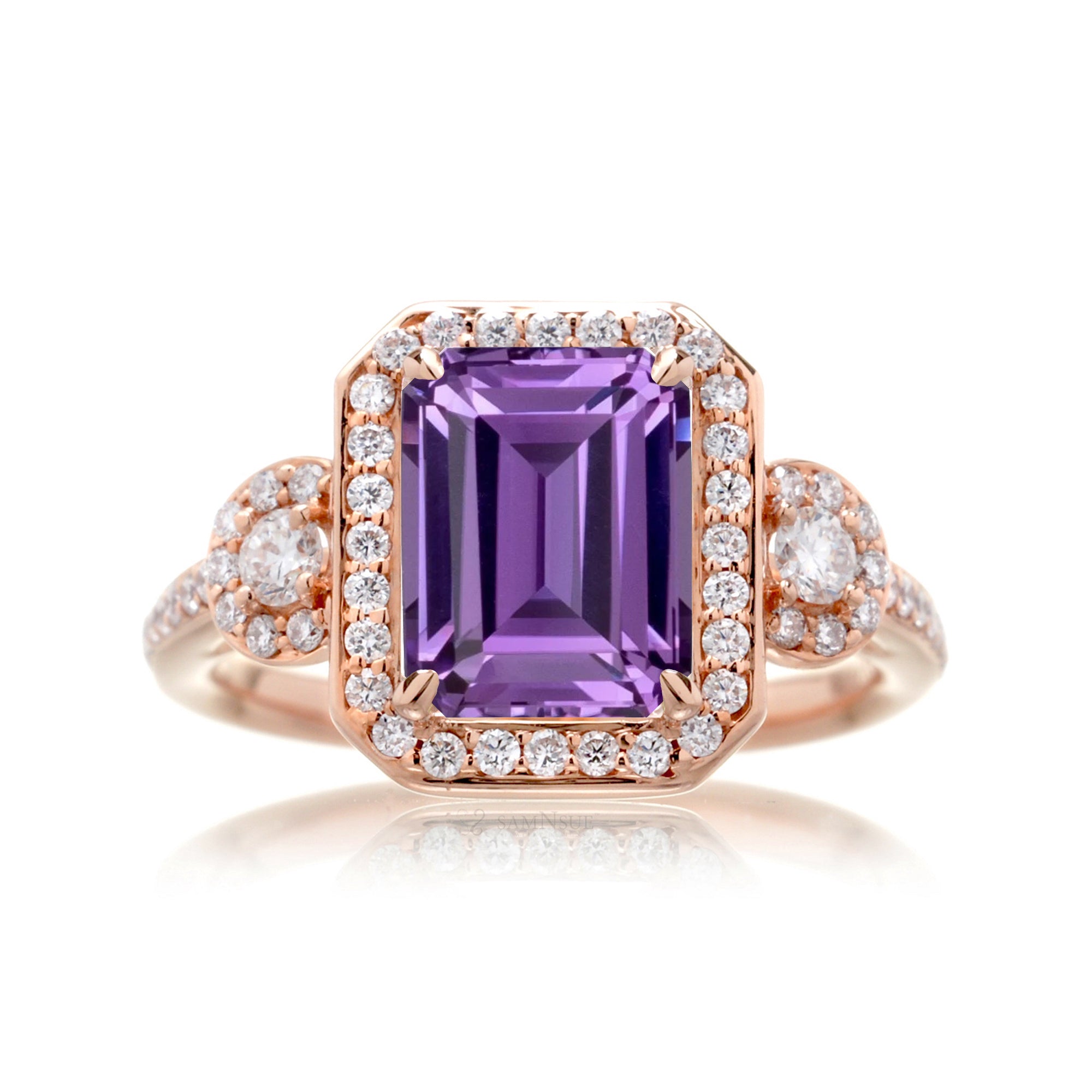 Emerald Cut Amethyst Engagement Ring with Diamond Halo