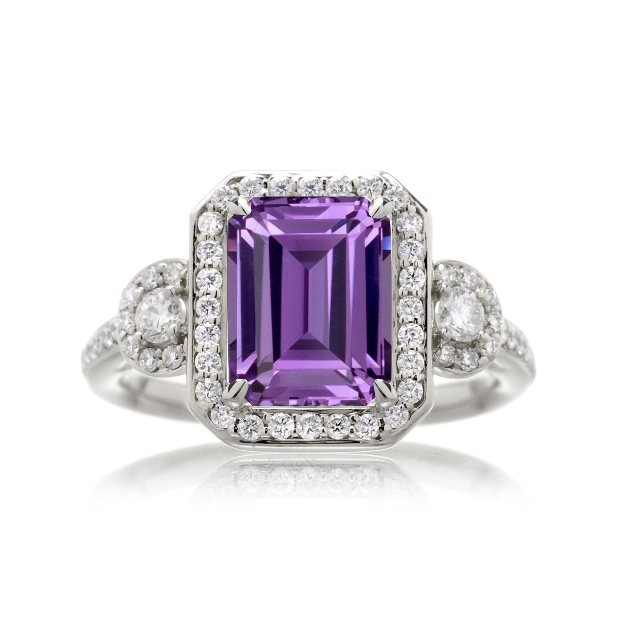 Purple Sapphire or Amethyst Ring – Emerald Cut with Diamond Accents