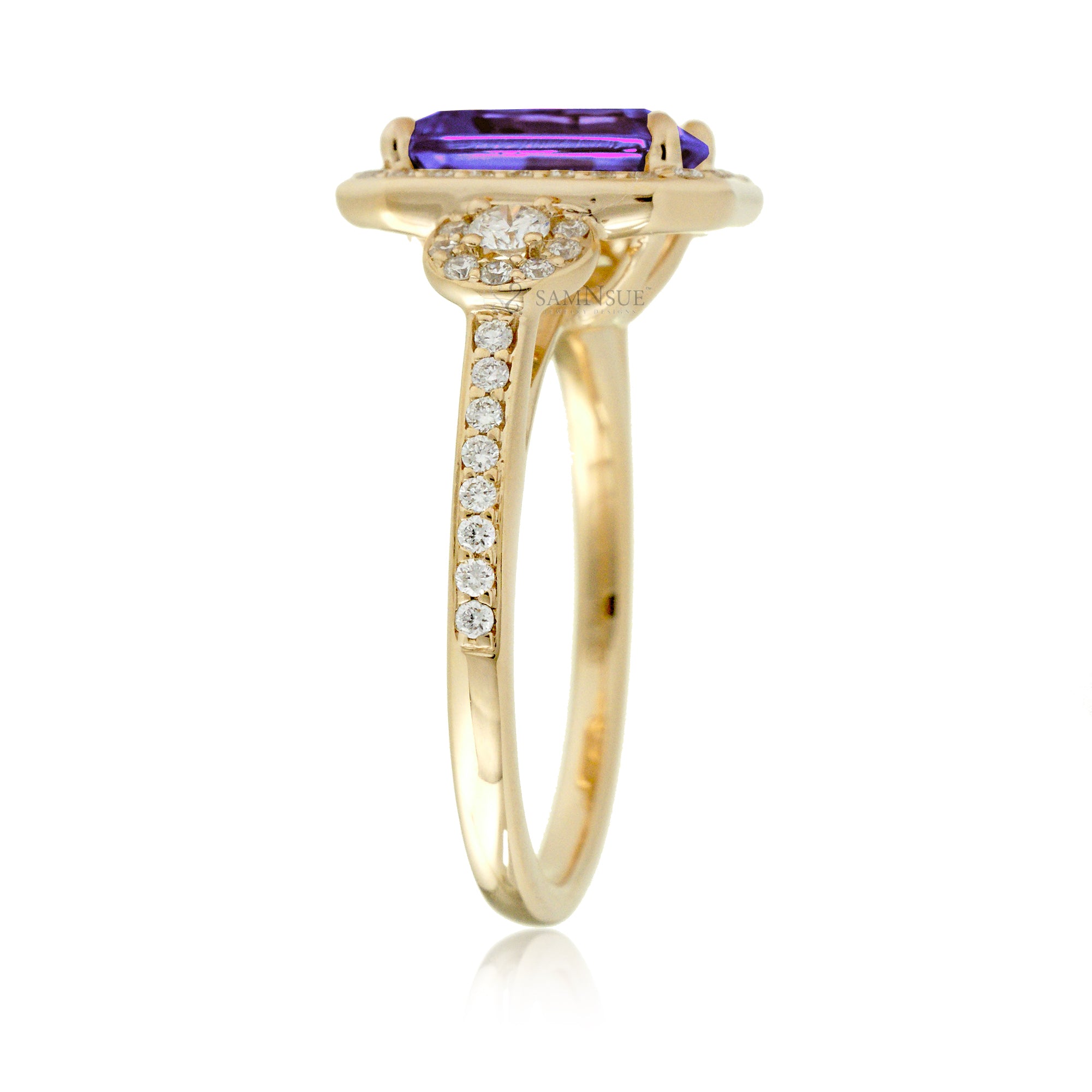 Elegant Purple Engagement Ring – Emerald Cut with Diamonds