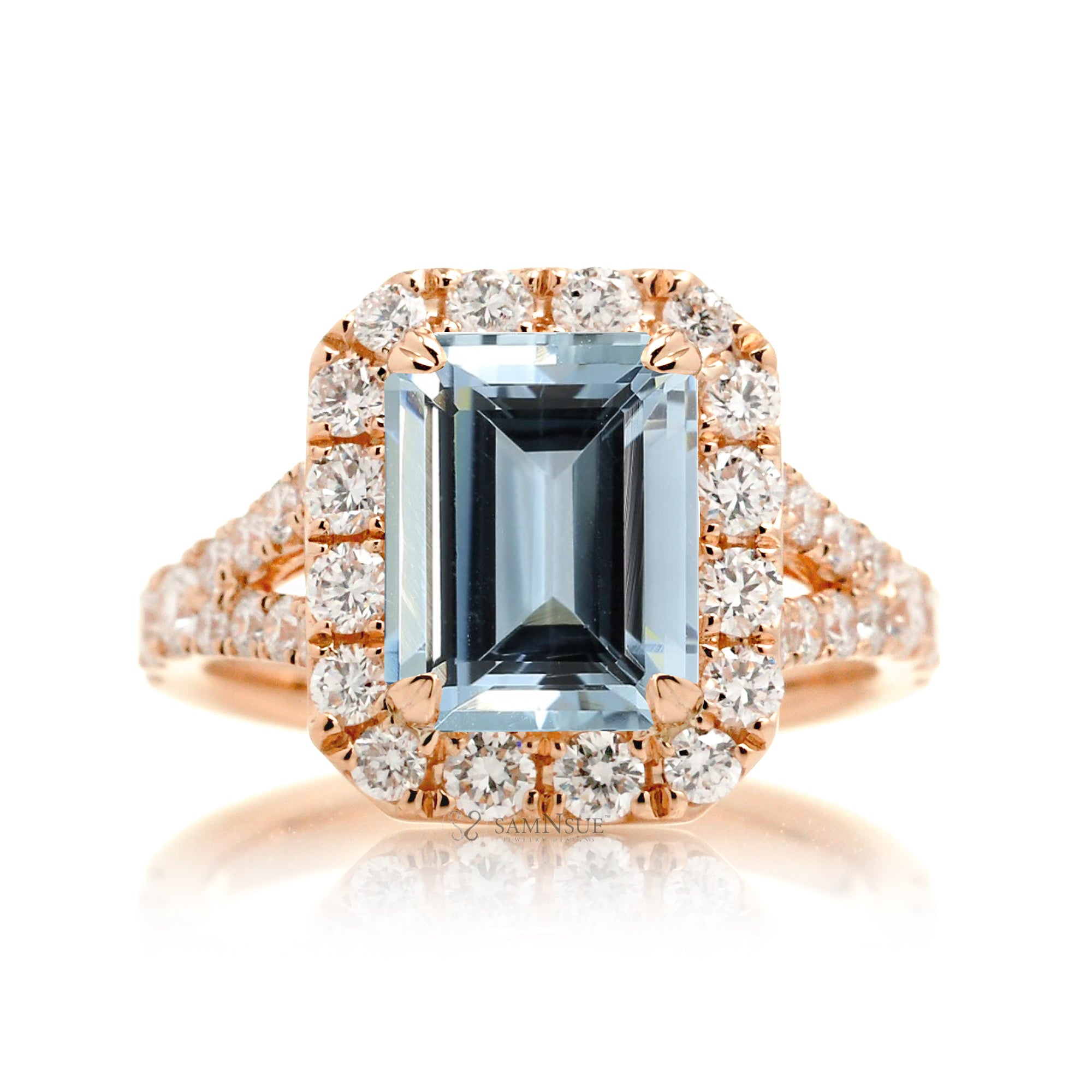 Aquamarine Engagement Ring with Emerald Cut and Split Diamond Band – The Meghan in Rose Gold