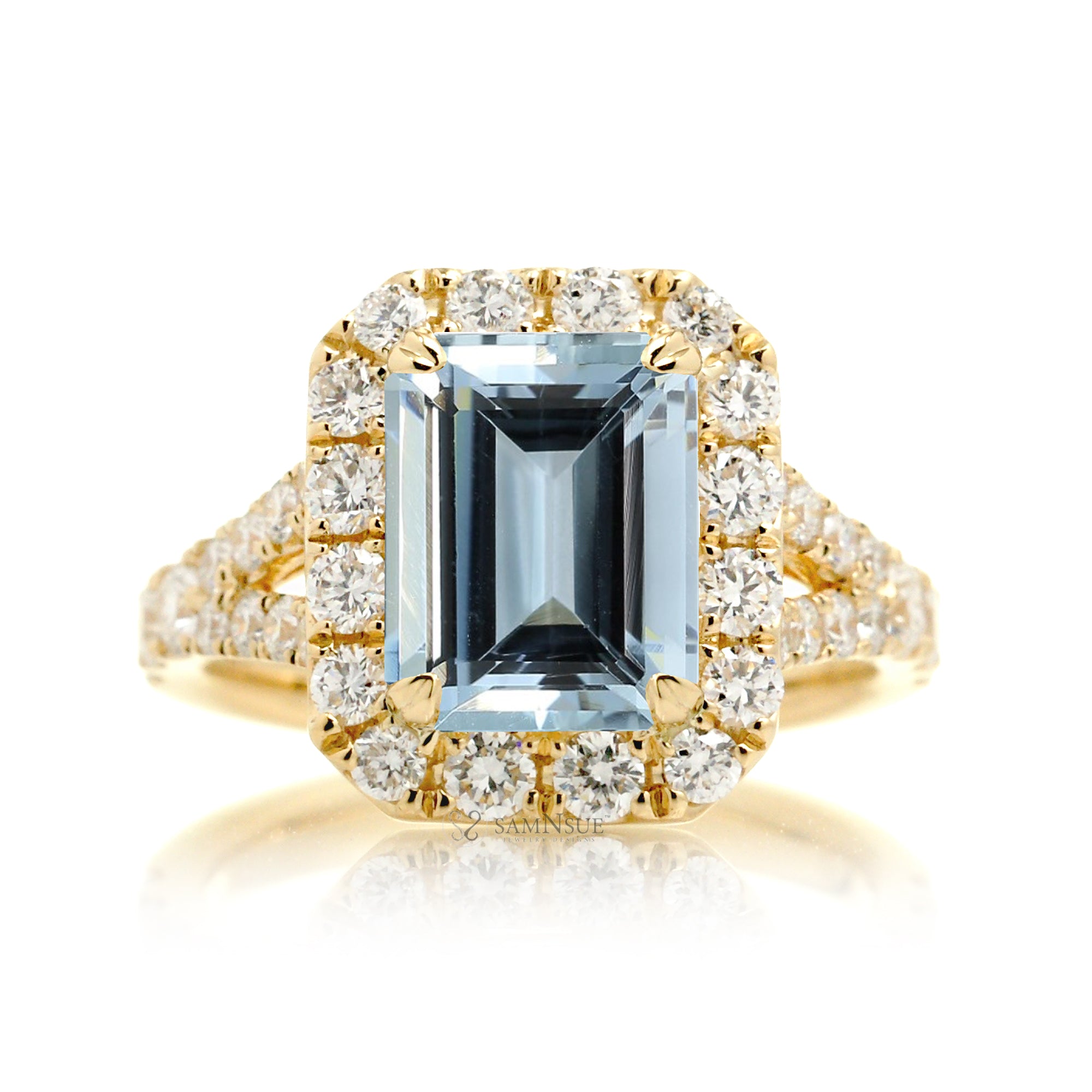 Aquamarine Engagement Ring with Emerald Cut and Split Diamond Band – The Meghan in Yellow Gold