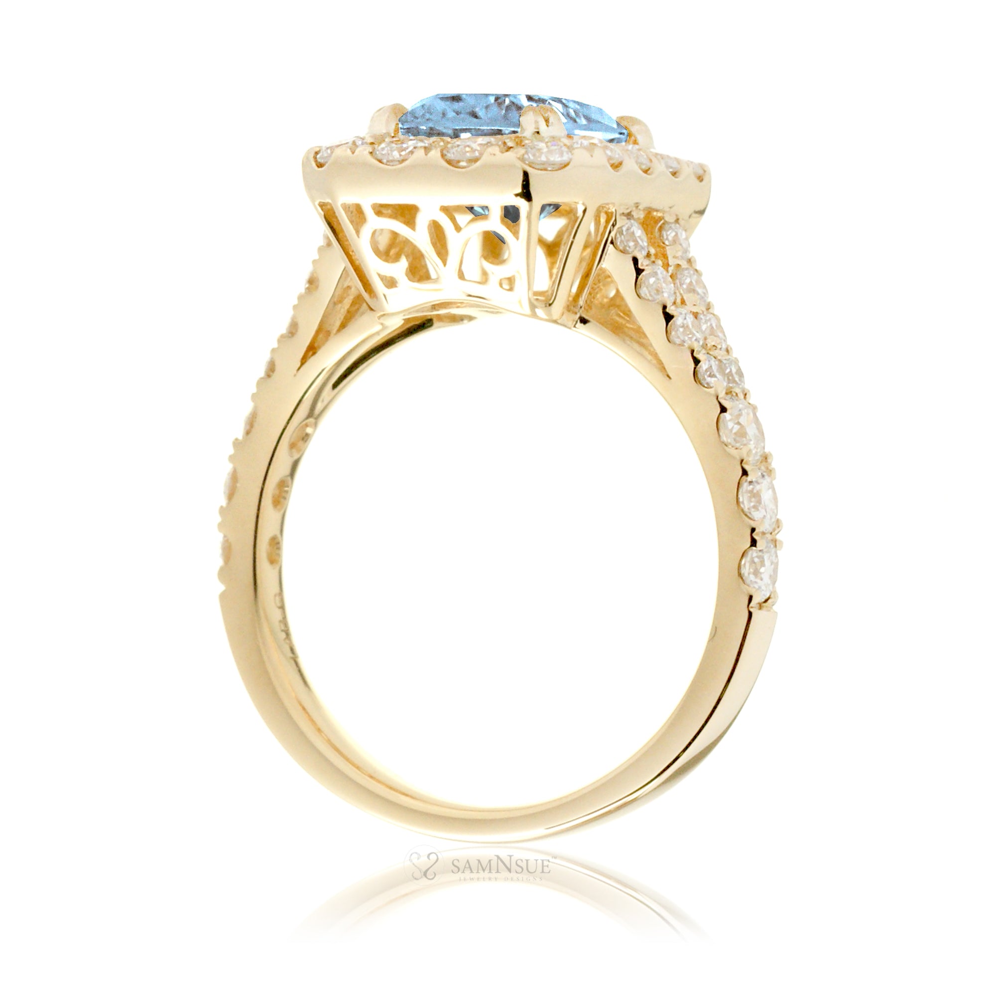 Aquamarine Engagement Ring with Emerald Cut and Split Diamond Band – The Meghan in Yellow Gold