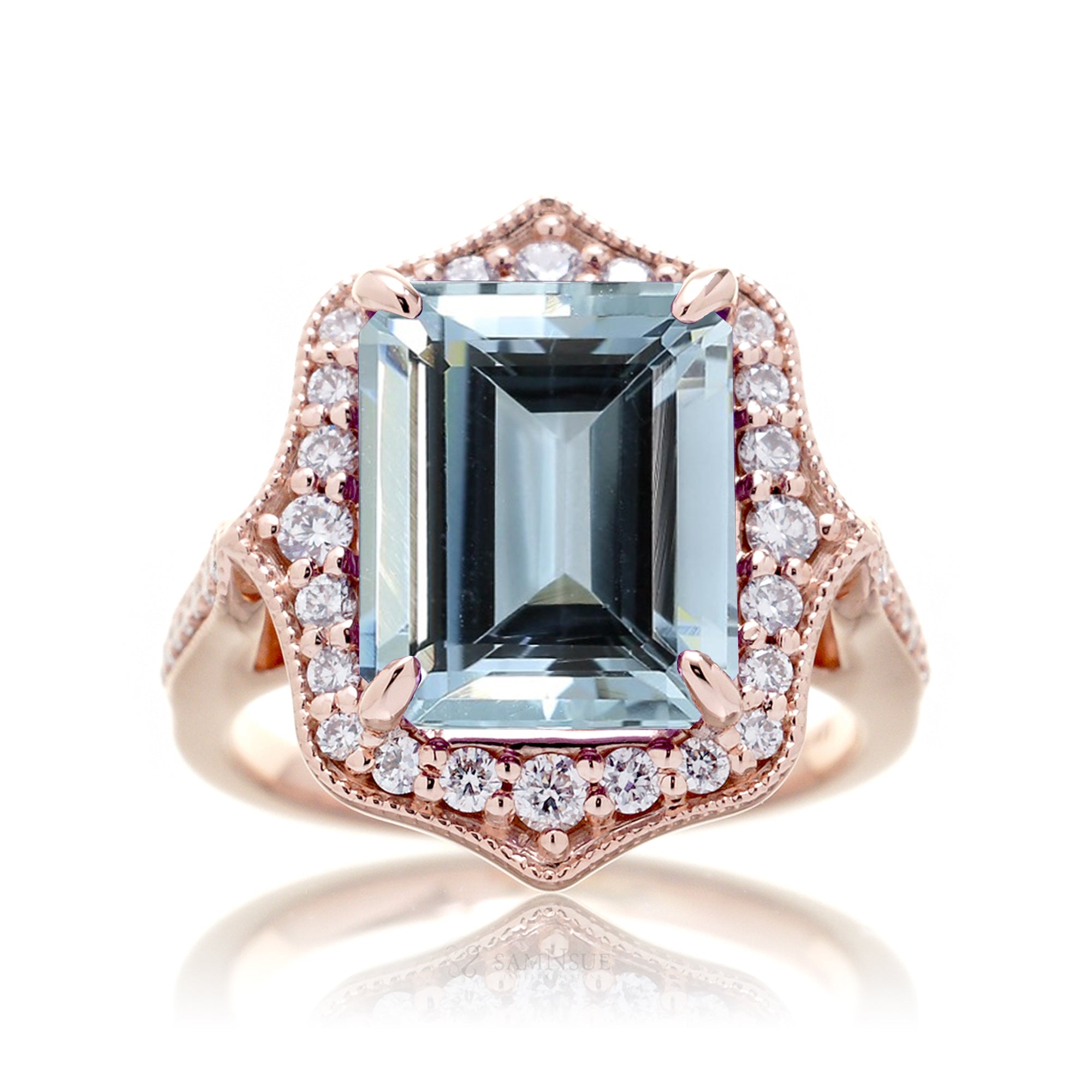 Art Deco Inspired Aquamarine and Diamond Ring in Rose Gold