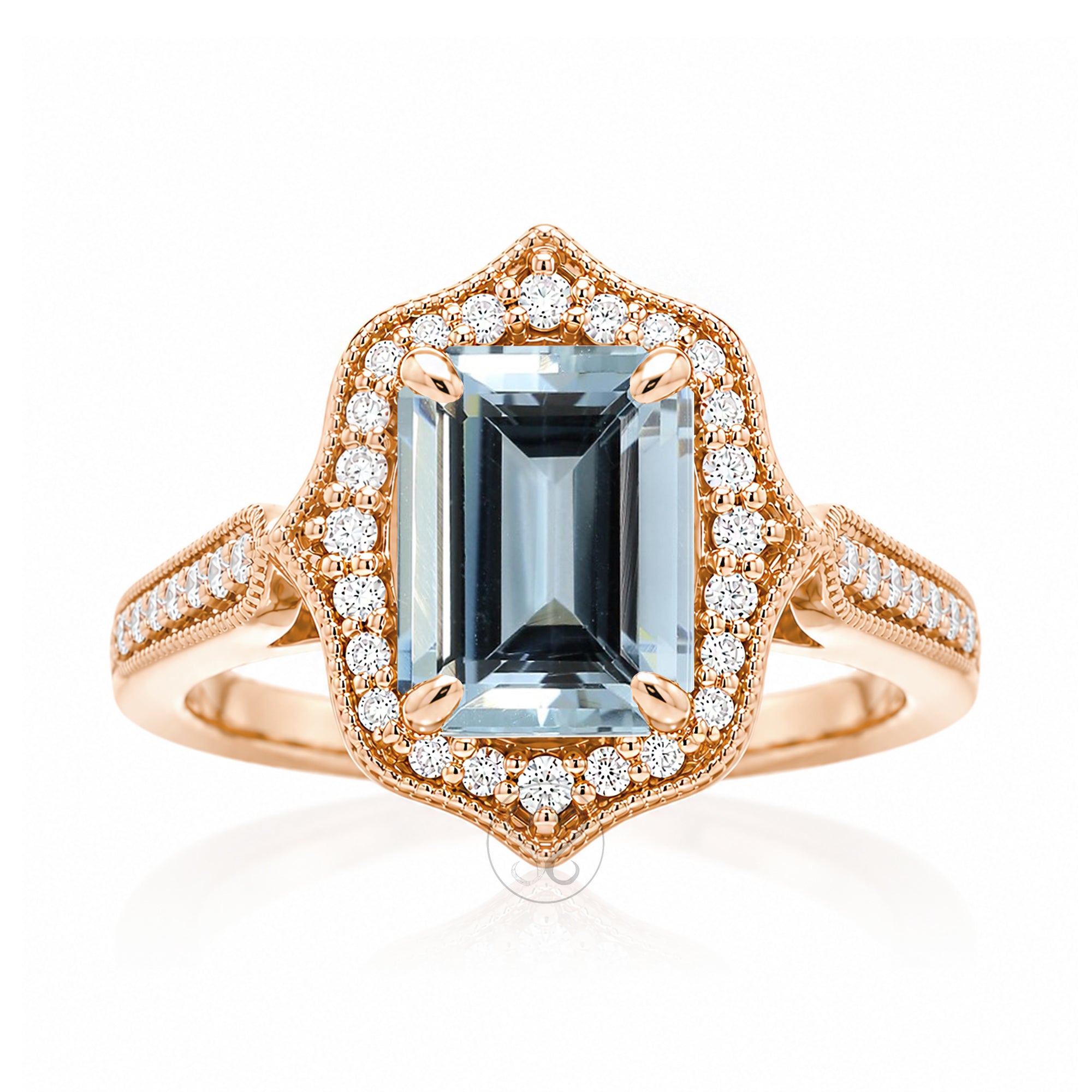 Art Deco Inspired Aquamarine and Diamond Ring in Rose Gold