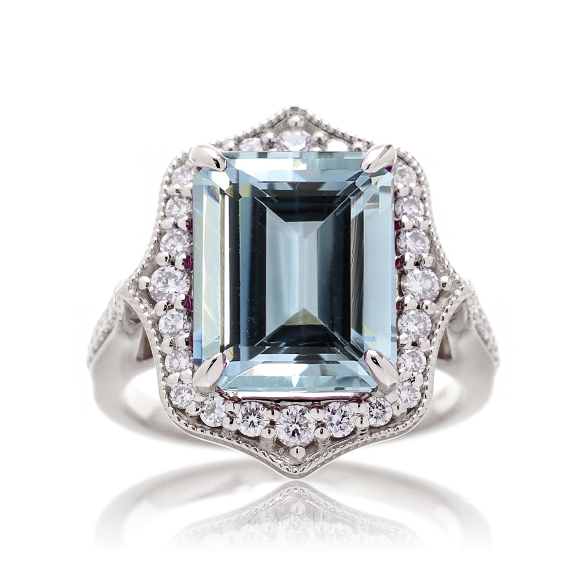 Emerald-Cut Aquamarine and Diamond Ring in White Gold