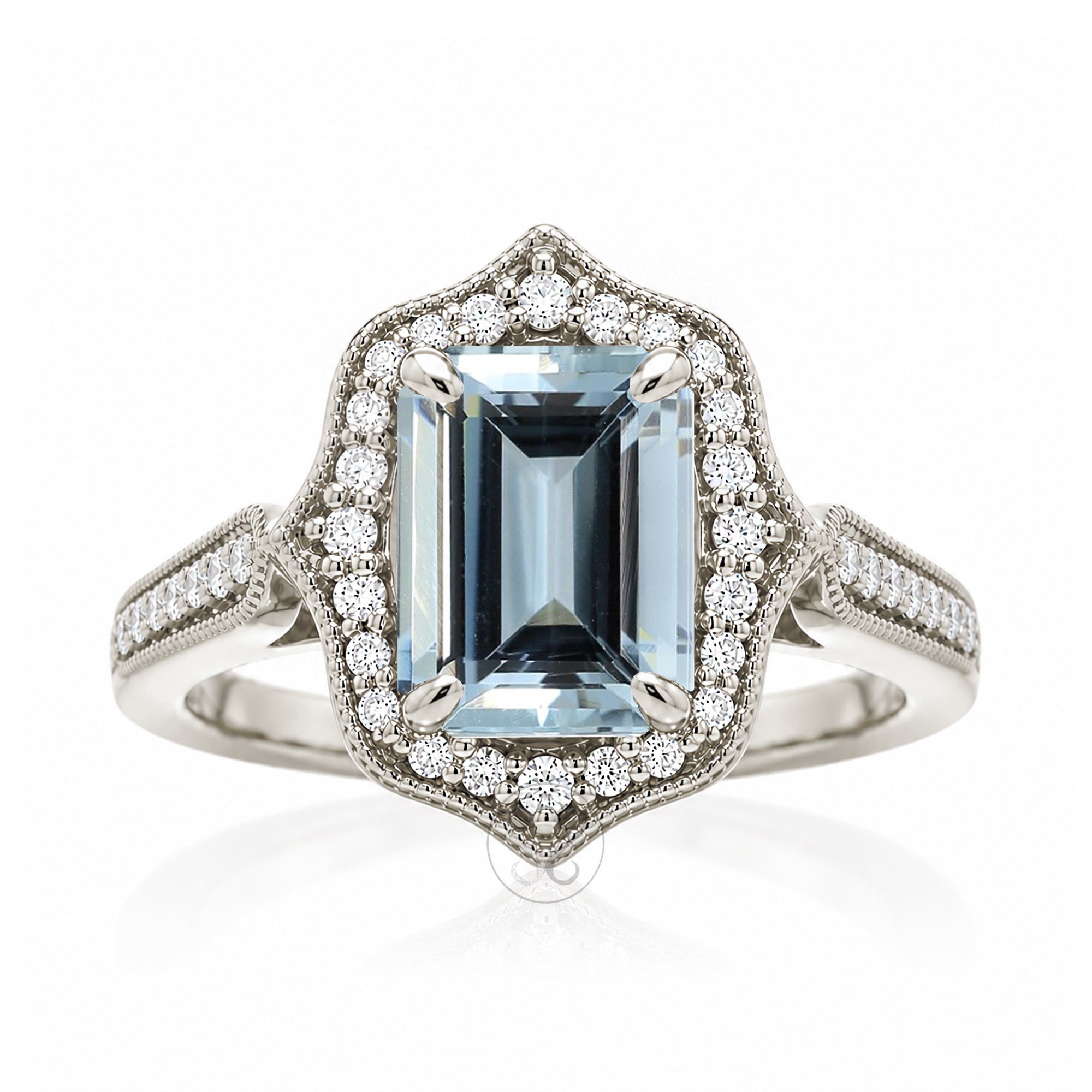 Emerald-Cut Aquamarine and Diamond Ring in White Gold