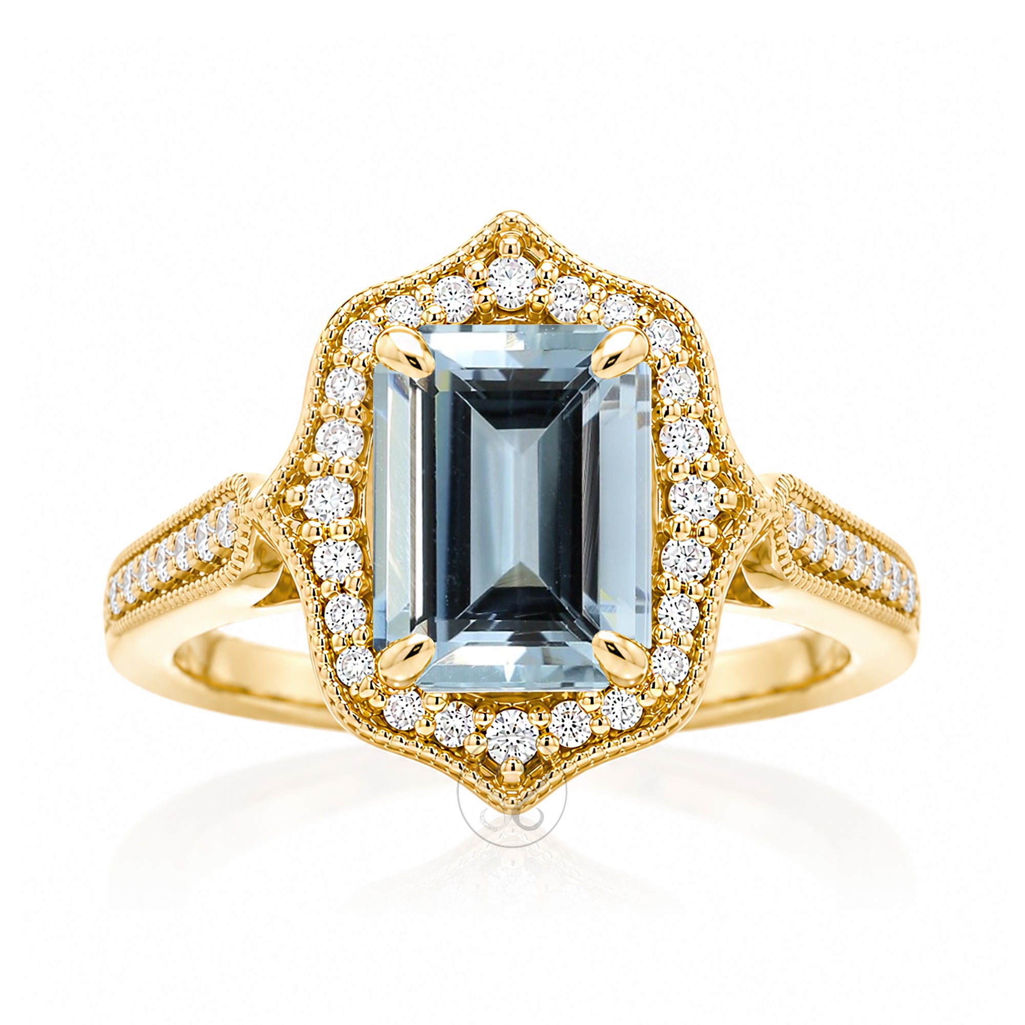 Vintage Aquamarine and Diamond Halo Ring in Yellow Gold