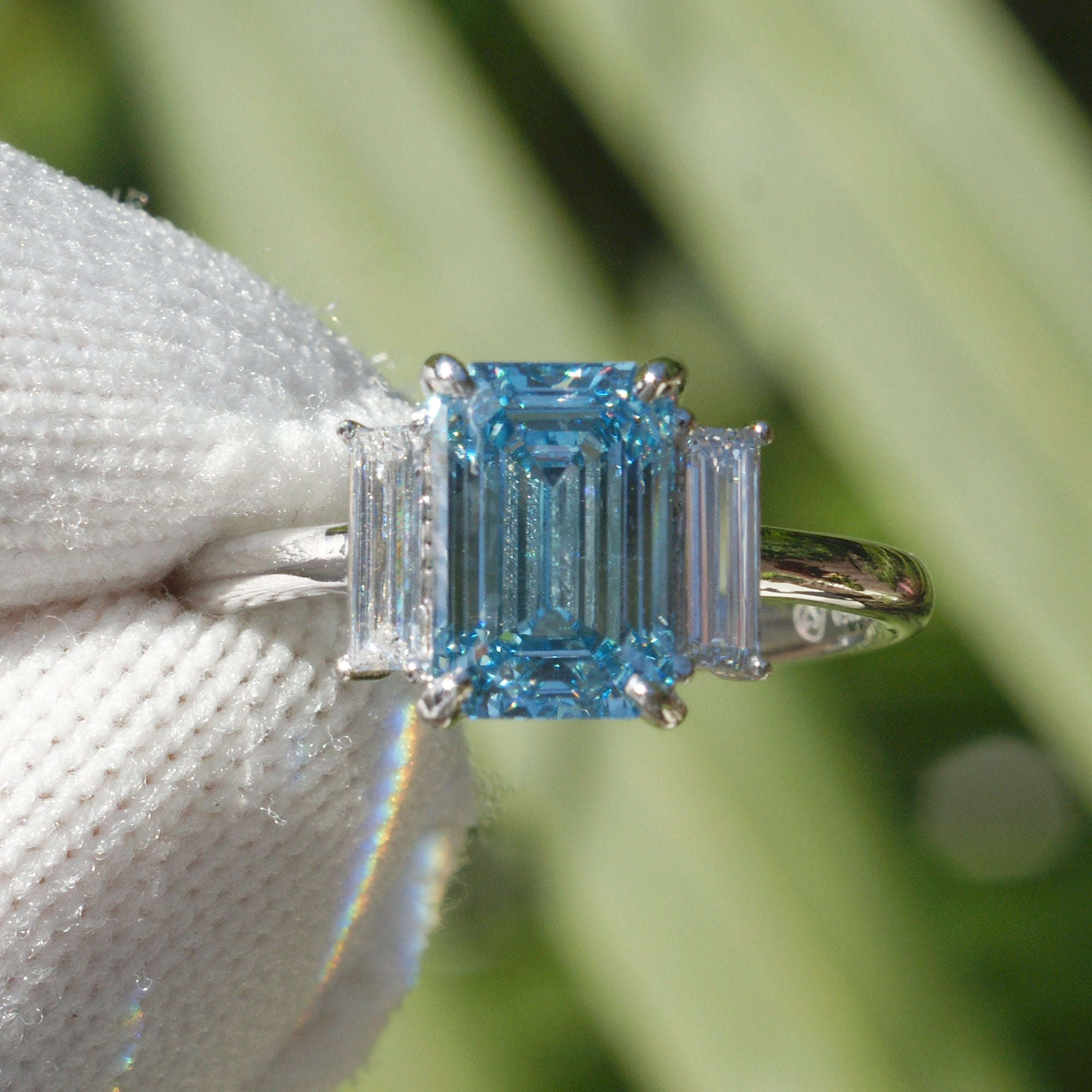Fancy blue diamond engagement three stone long baguette ring in platinum 2ct to 3ct
