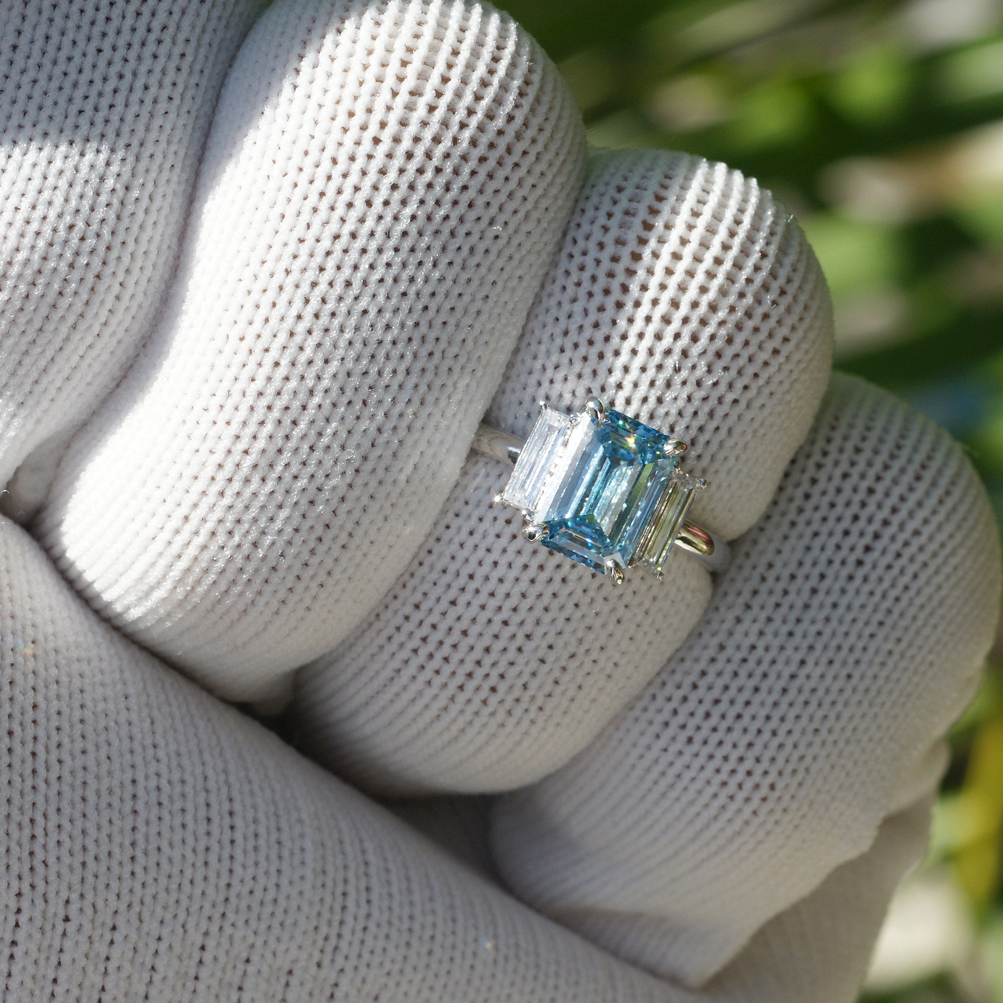 Fancy blue diamond engagement three stone long baguette ring in platinum 2ct to 3ct