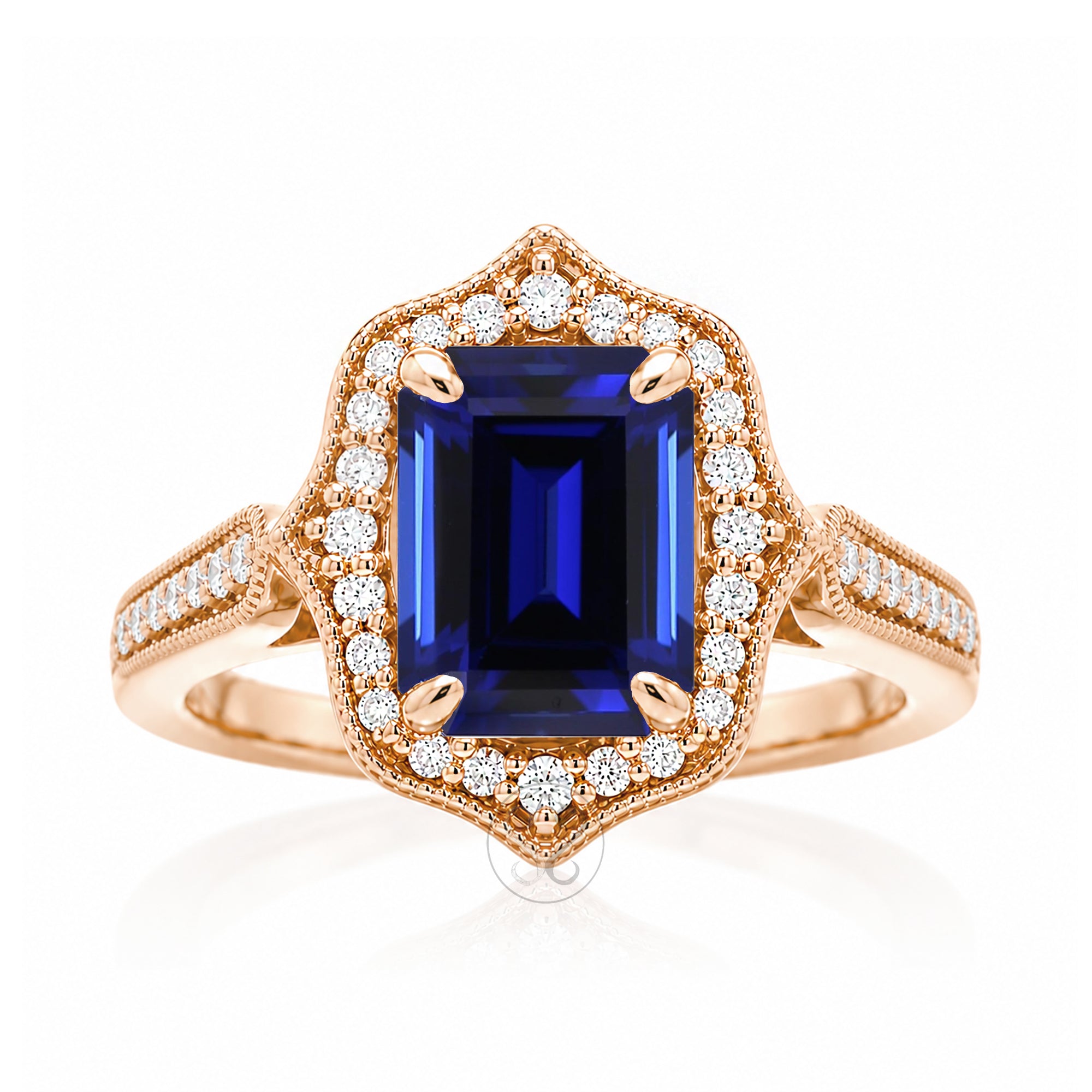 Art Deco Inspired Blue Sapphire and Diamond Ring in Rose Gold