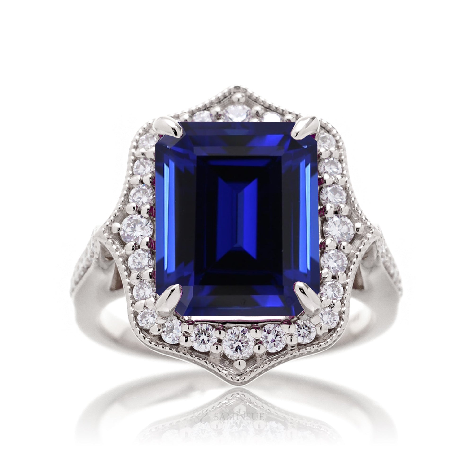 Emerald-Cut Blue Sapphire and Diamond Ring in White Gold