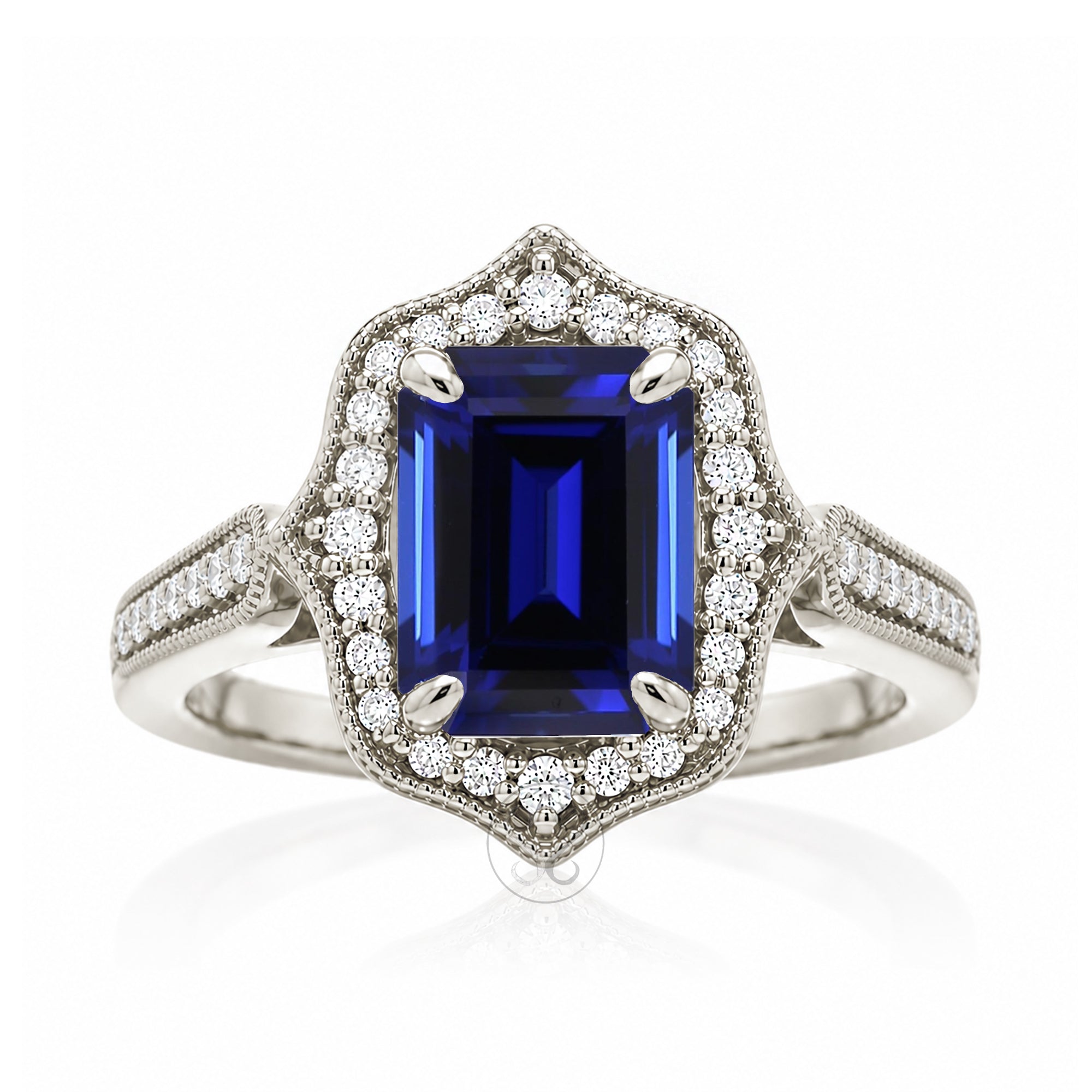 Emerald-Cut Blue Sapphire and Diamond Ring in White Gold