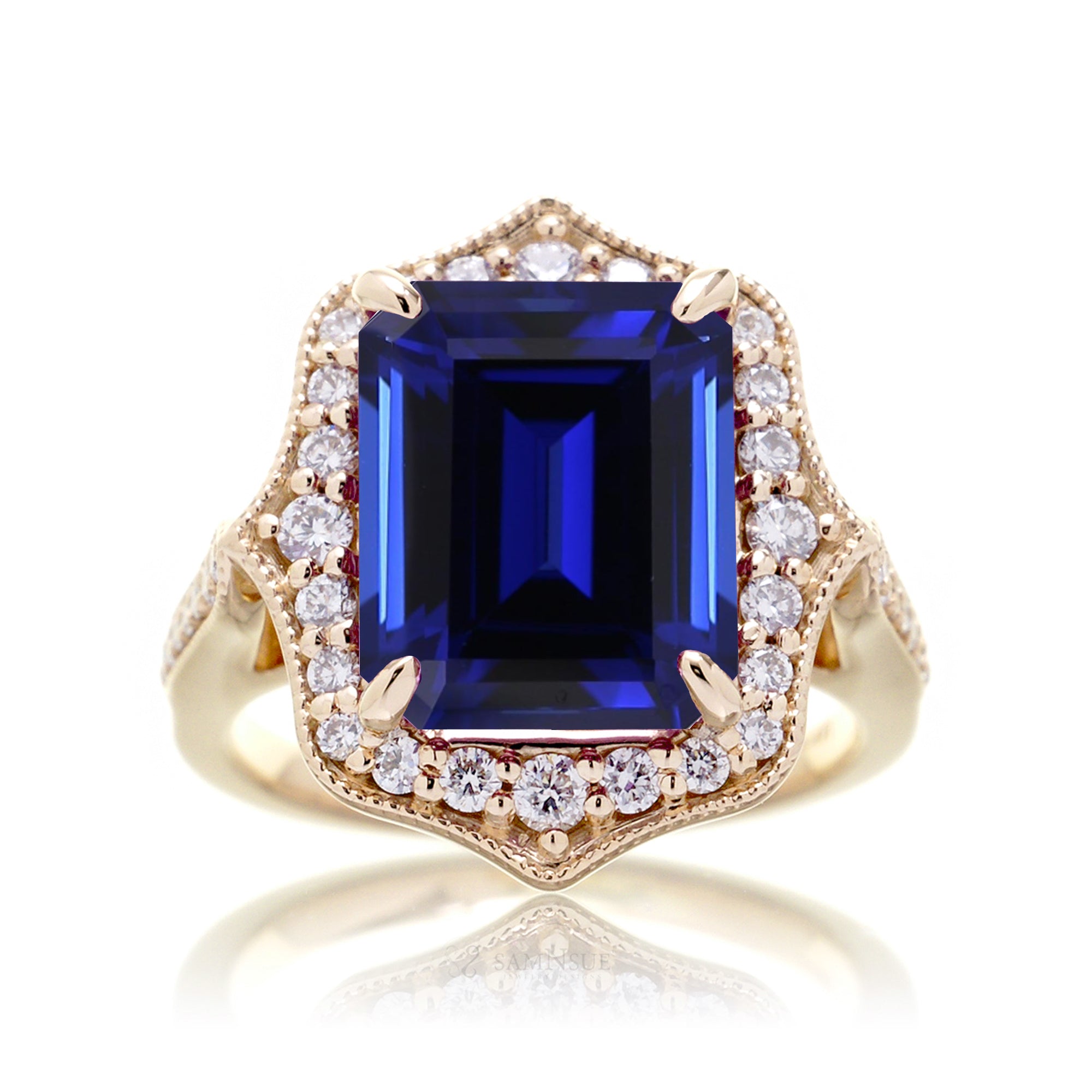 Vintage Blue Sapphire Diamond Halo Ring in Yellow Gold