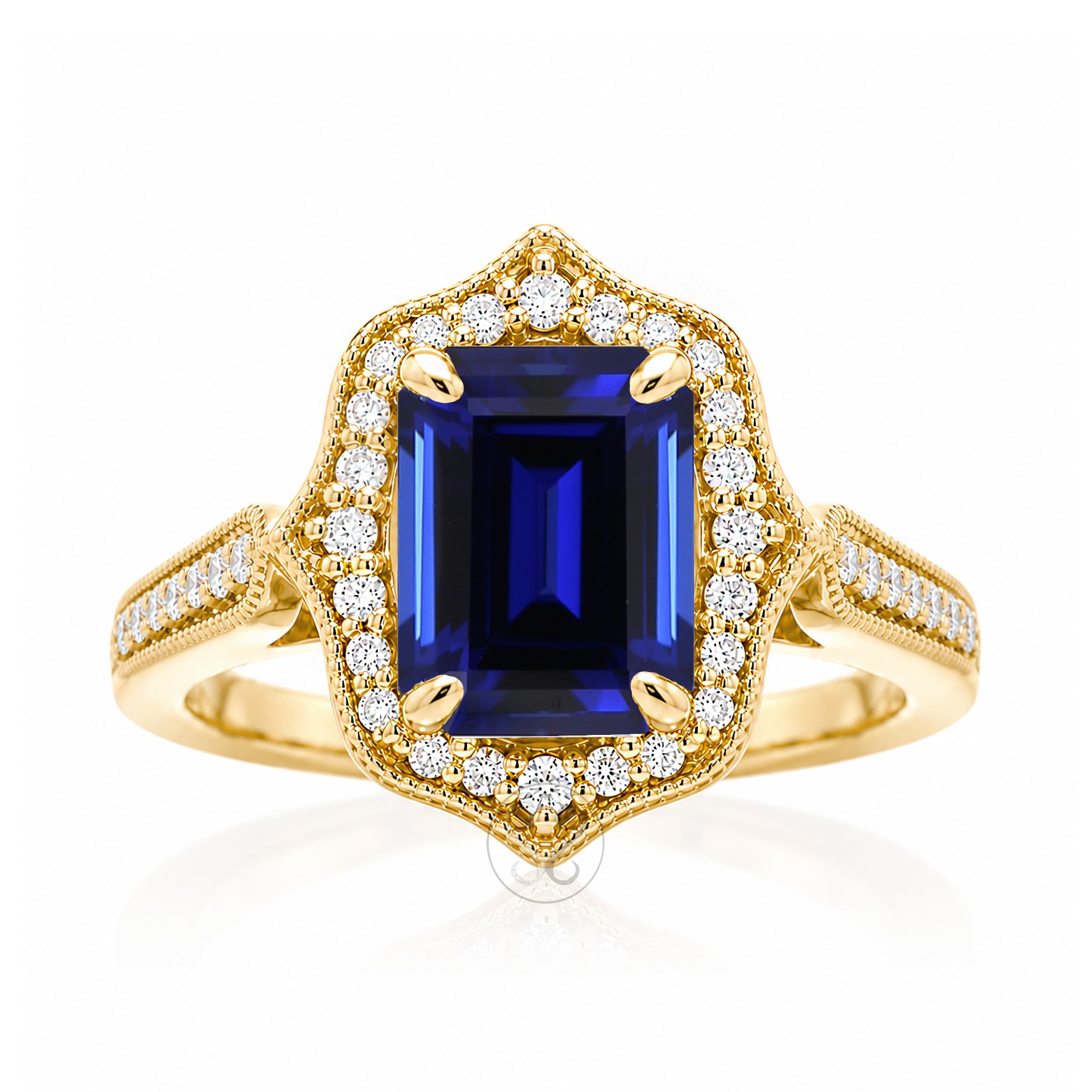 Vintage Blue Sapphire Diamond Halo Ring in Yellow Gold