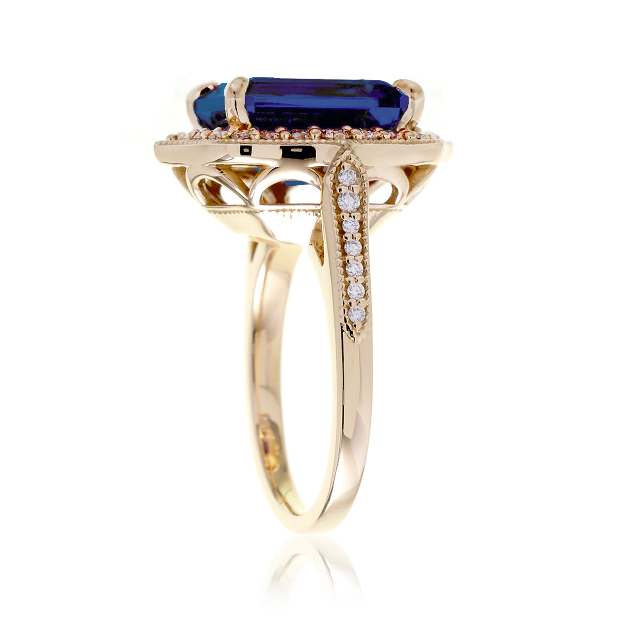 Vintage Blue Sapphire Diamond Halo Ring in Yellow Gold