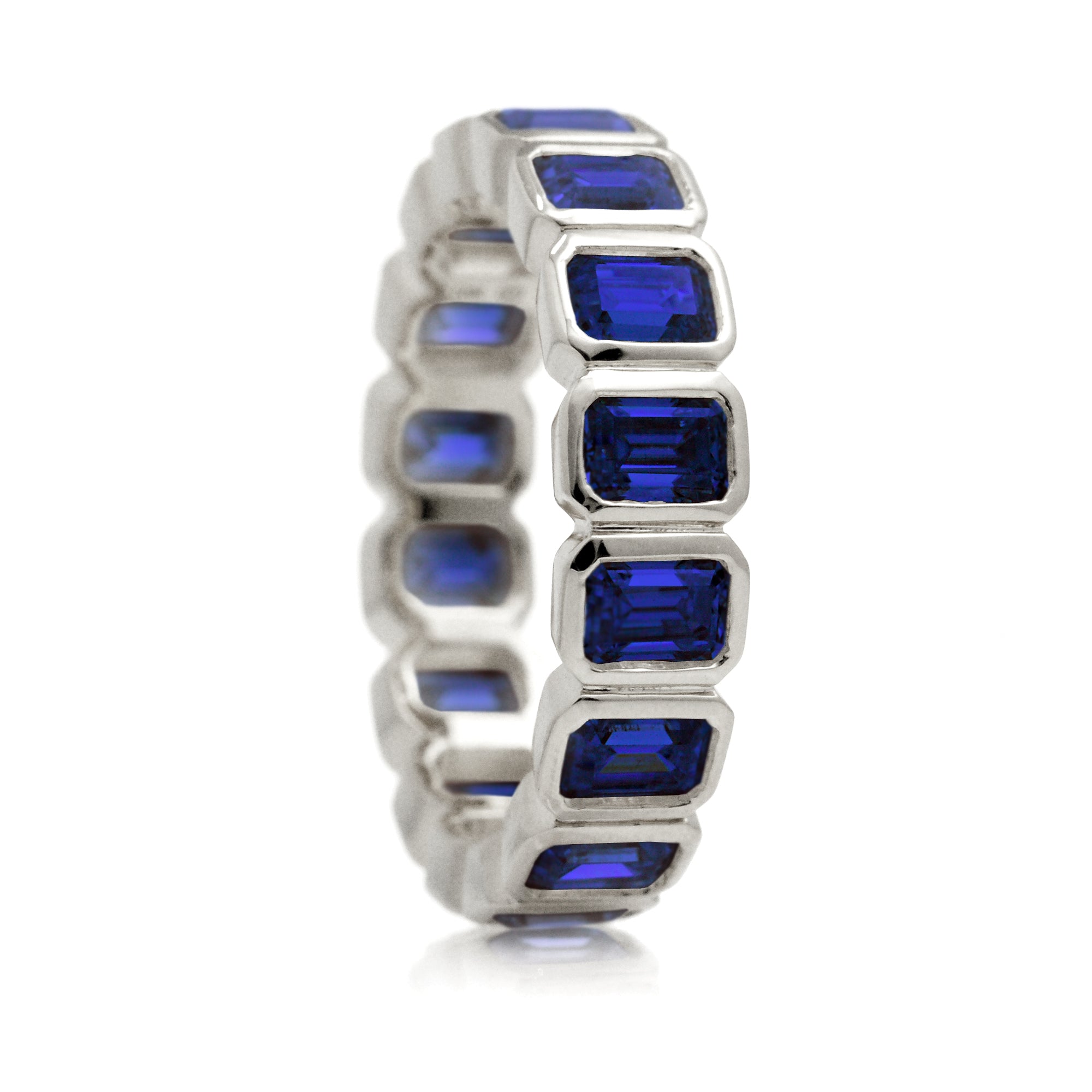 Emerald Cut Blue Sapphire Eternity Band in White Gold