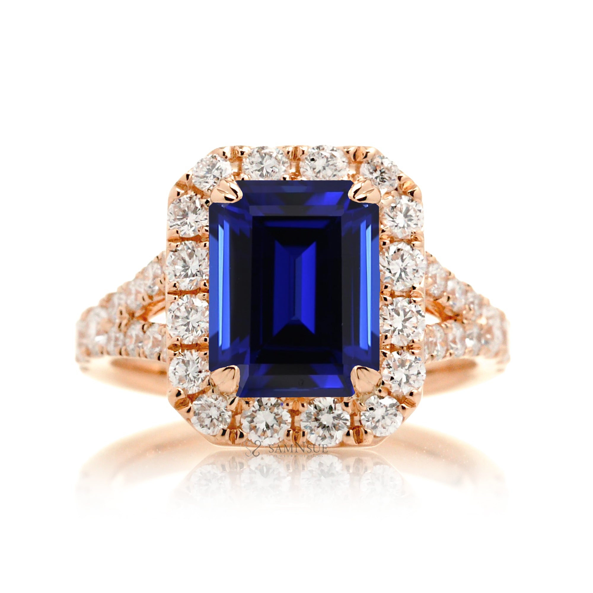 Elegant Blue Sapphire Engagement Ring with Emerald Cut and Split Shank – The Meghan in Rose Gold