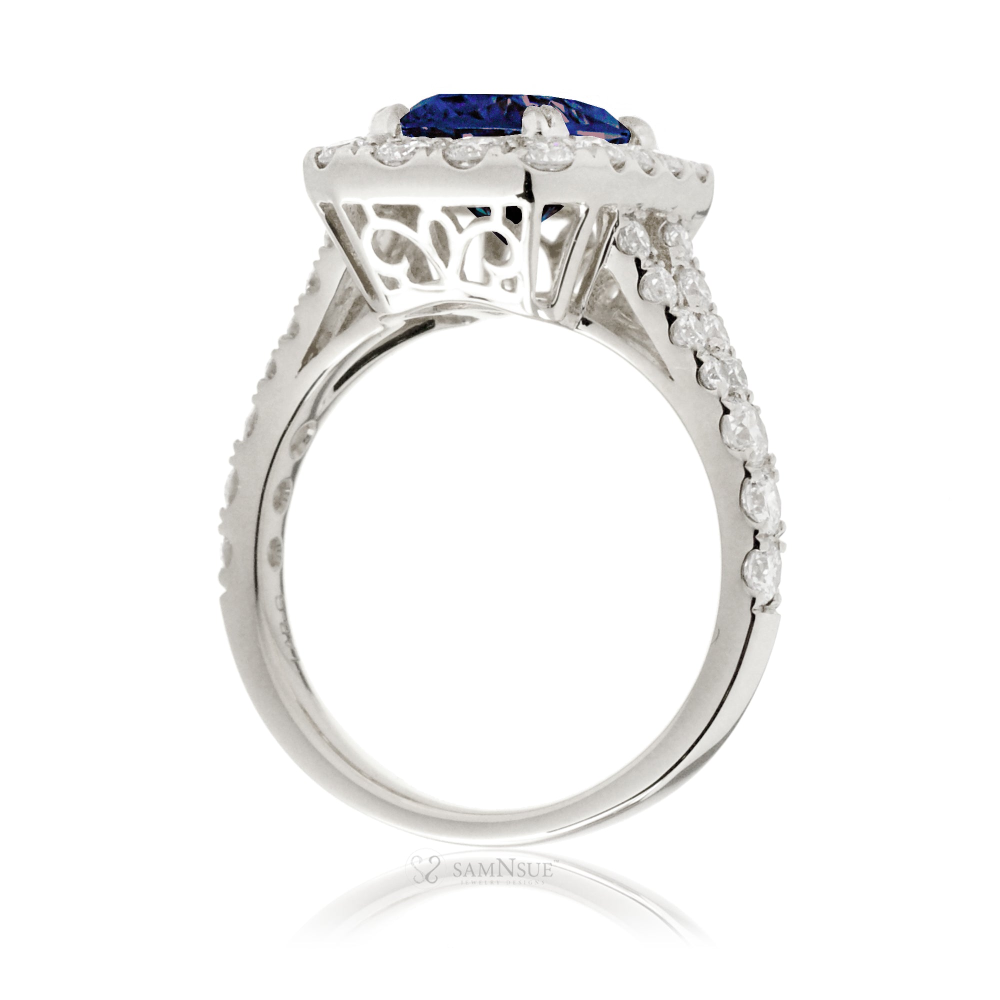 Elegant Blue Sapphire Engagement Ring with Emerald Cut and Split Shank – The Meghan in White Gold
