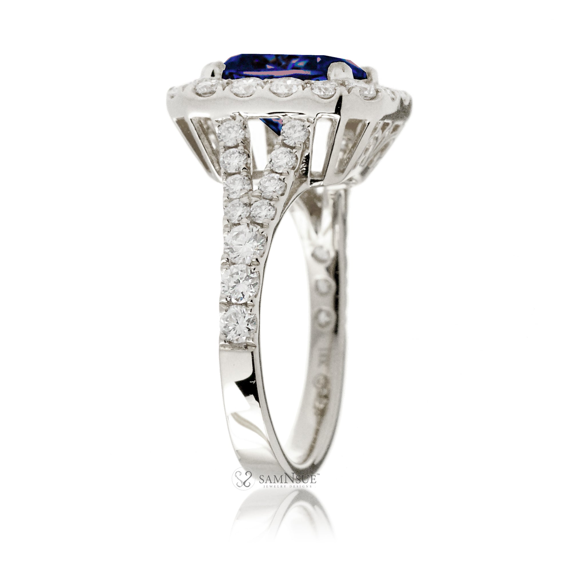 Elegant Blue Sapphire Engagement Ring with Emerald Cut and Split Shank – The Meghan in White Gold